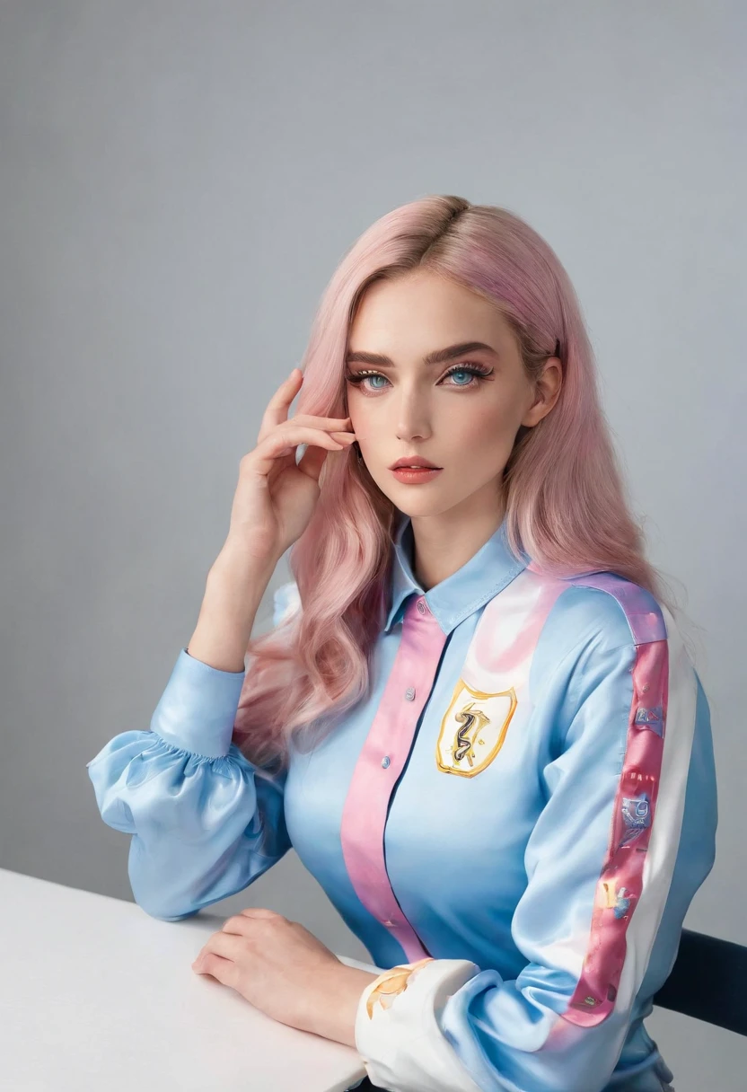 A pretty young woman with wide-opened blue eyes sitting at a table, dressed in football-like shirt with the number and name on it. A magic wand with Unicorn head with rainbow mane in its end in her hand.in filled with bright sunlight office, taking a smoke break, in an action pose.