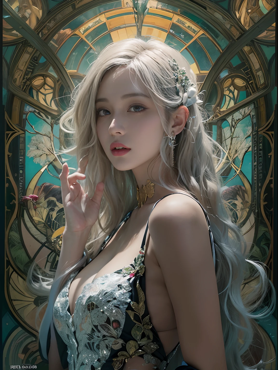 （Front focus），（in the darkness nigth：1.6），Surrealist women by David Hockney and Alphonse Mucha，Fantasyart，photographrealistic，动态照明，art  stations，poster for，Volumetriclighting，Very detailed faces，4 k''，Award-Awarded， , 1girll, In the dark, deepshadow, low tune, Cowboy shot,(official clothes:1.4),long whitr hair,whaite hair,full bodyesbian，White stockings