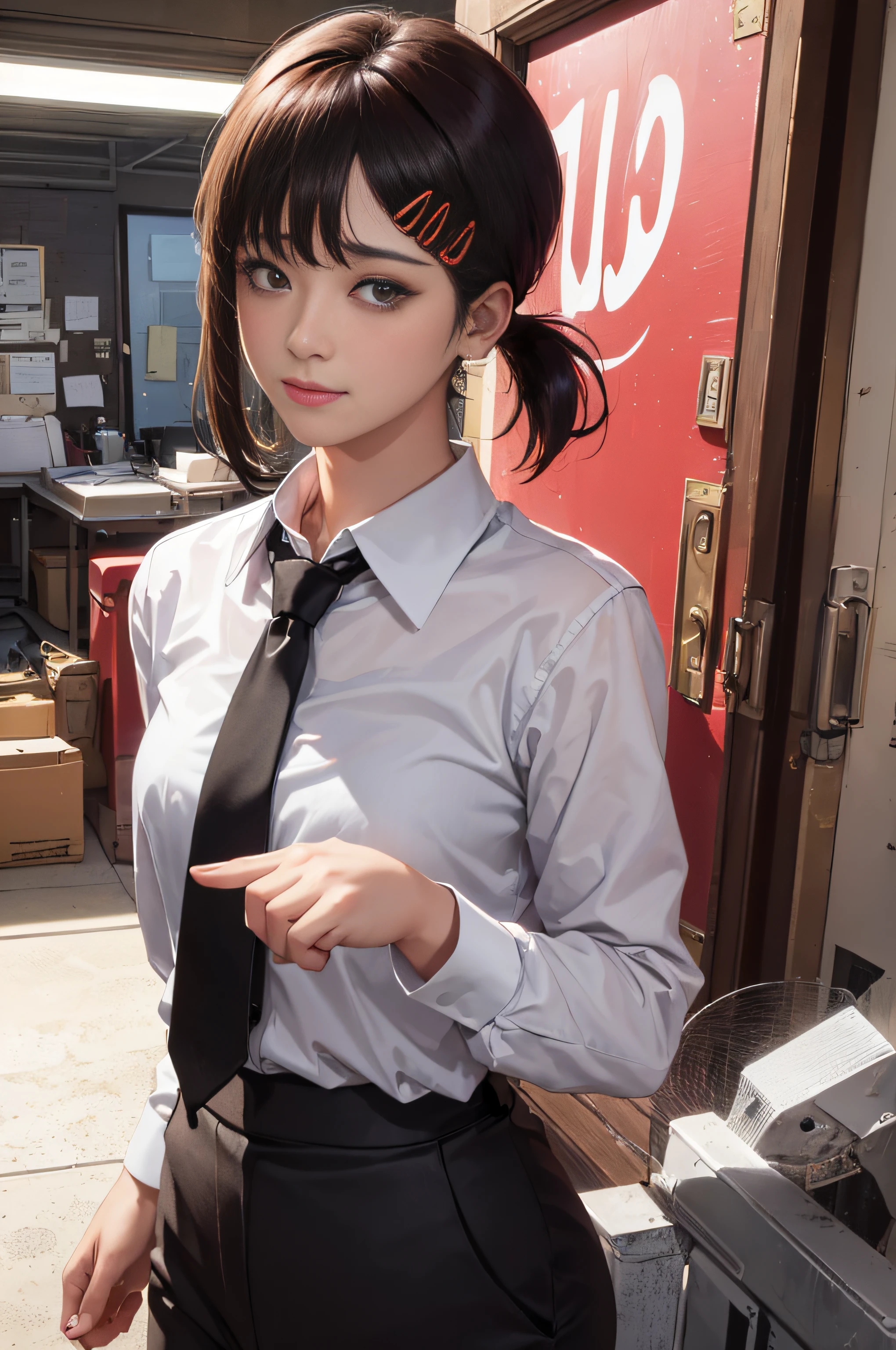 masterpiece, best quality, ultra-detailed, illustration, epic lighting, cinematic composition, isometric, 1girl, solo, cute, brown eyes, black hair, swept bangs, single sidelock, red hairclip, white collared shirt, black necktie, black pants, formal, enchanting gaze, captivating pose, indoors, office, door, opening door, looking at viewer, peeking out upper body, blush, seductive smile, closed mouth,(8k:1.1),