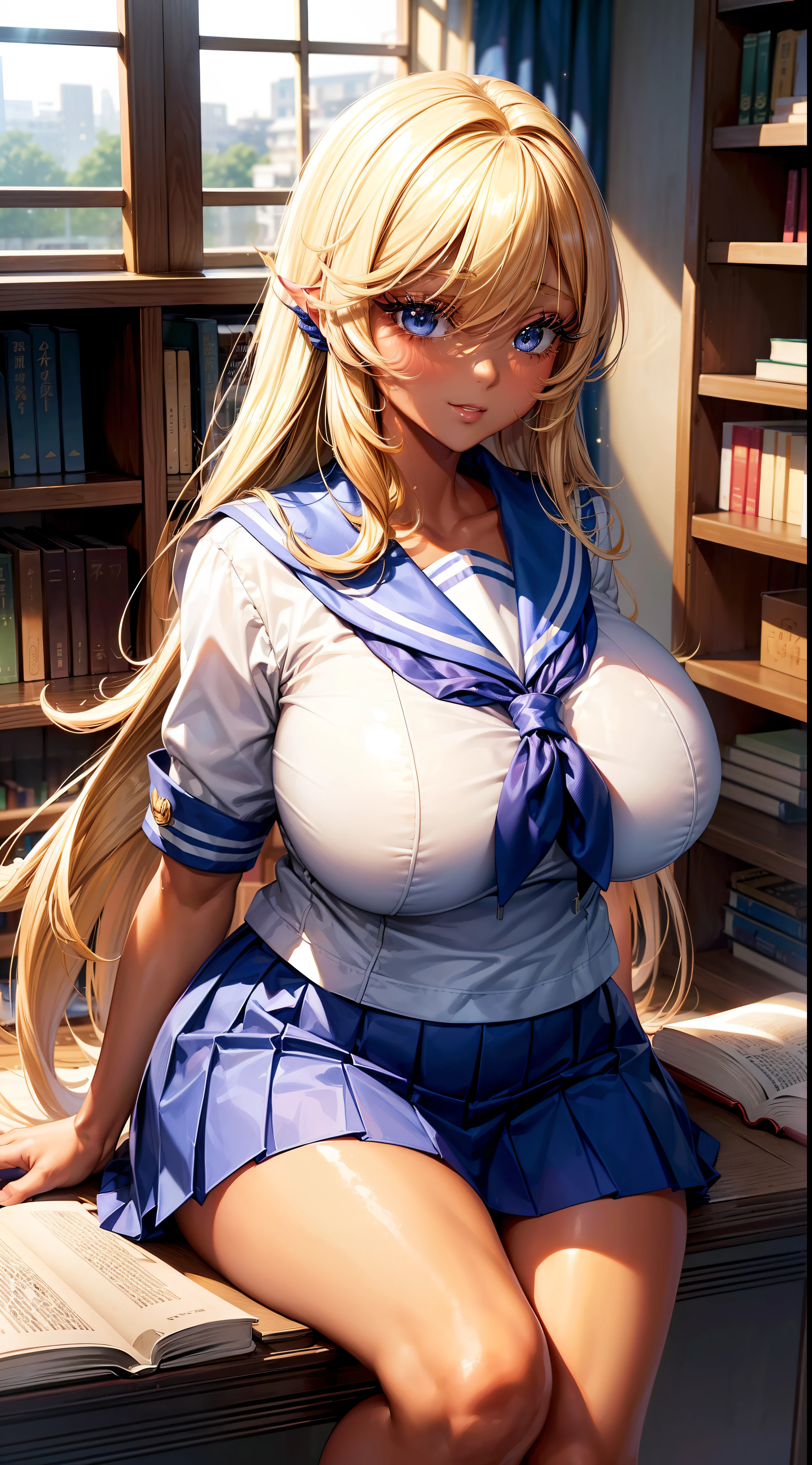 (top-quality、​masterpiece、超A high resolution、Photorealsitic:1.4)、Raw photo、独奏、hi-school girl、(gyaru jk、a sailor suit、校服、skirt by the、a blond、Medium Hair、Fancy makeup、A beautiful Blue eyes:1.2)、glowy skin、Dramatic Writing、full body Esbian、((skin tanned、long lashes:1.5))、 (ultra gigantic tits, Long breasts, hanging breasted: 1.6),(Plump:1.25)、(full of sweat、Huge ass、thick thighs、long legged:1.1)、beautidful eyes、long lashes、A seductive smile、Modern School、细致背景、((School Library、Lots of bookshelves))、the setting sun