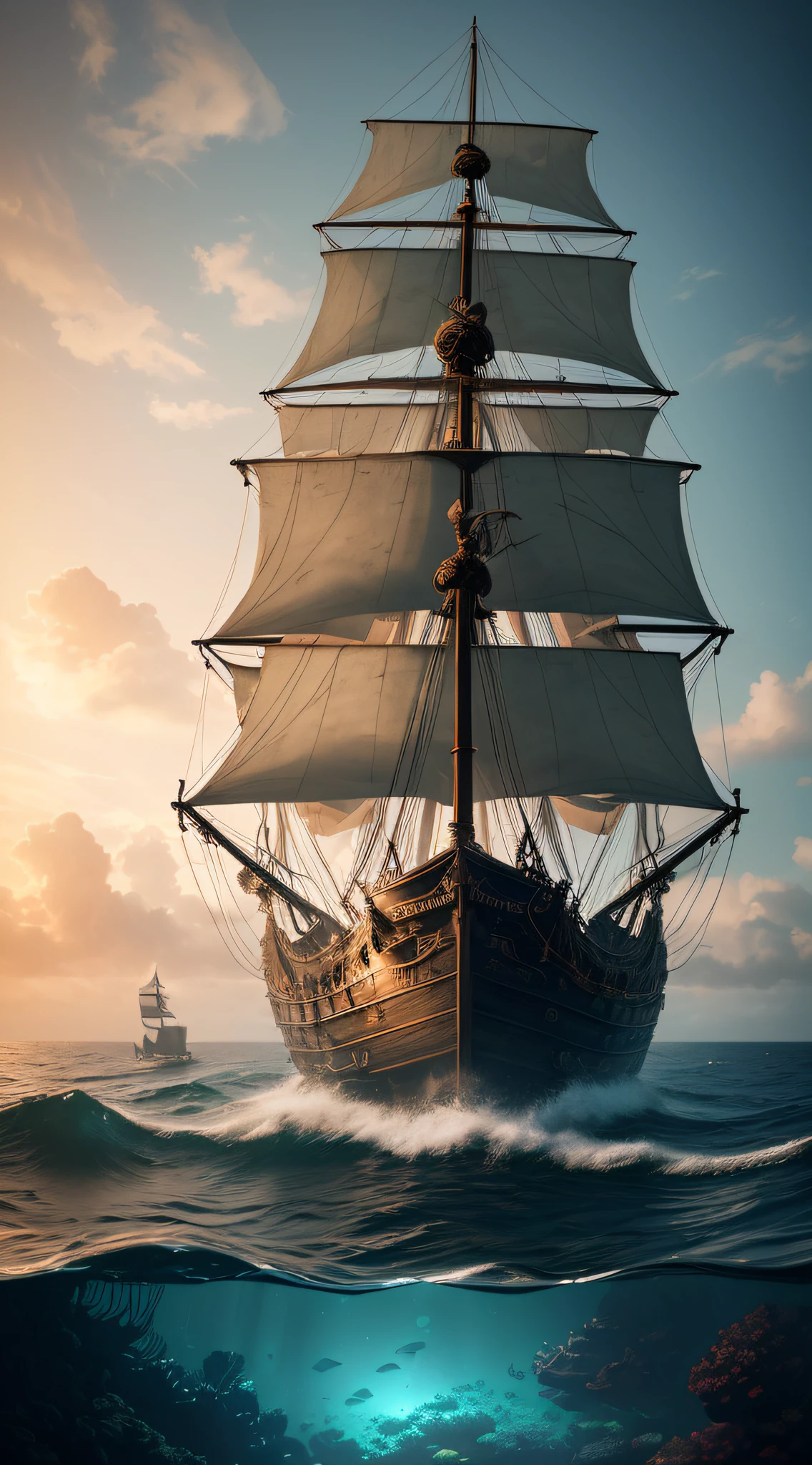 (best quality,4k,8k,highres,masterpiece:1.2),ultra-detailed,(realistic,photorealistic,photo-realistic:1.37),aquarium inside glass jar,pirate ship,cinematic,hyperdetailed,photography,clear blue water,schools of vibrant tropical fish,exquisite coral reefs,glowing jellyfish,reflections dancing on the glass jar,vivid colors,golden sunlight streaming through the water,hazy cinematic atmosphere,dramatic lighting,subtle underwater shadows,mysterious underwater world full of life and color,detail-oriented illustrations of the pirate ship,weathered wood and rusty metal,elegant and intricate pirate ship design,authentic and aged textures,carefully crafted ropes and sails,cinematic photography capturing the sea and sky,rich color grading enhancing the depth and mood,strong emphasis on textures and fine details.