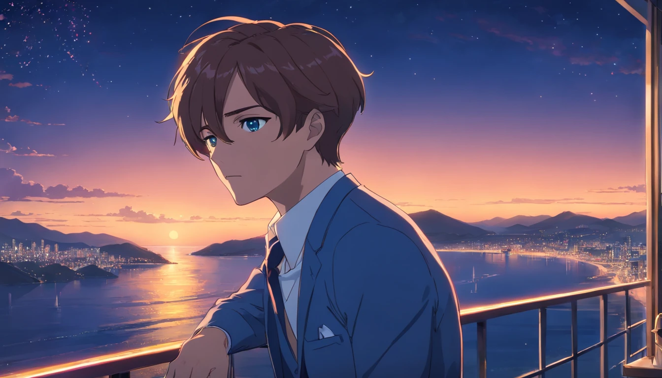 jay gatsby looks like leonardo di caprio, brown eyes, at a balcony, beautiful sea view in the background, stunning night view, sharp, 8k, detailed