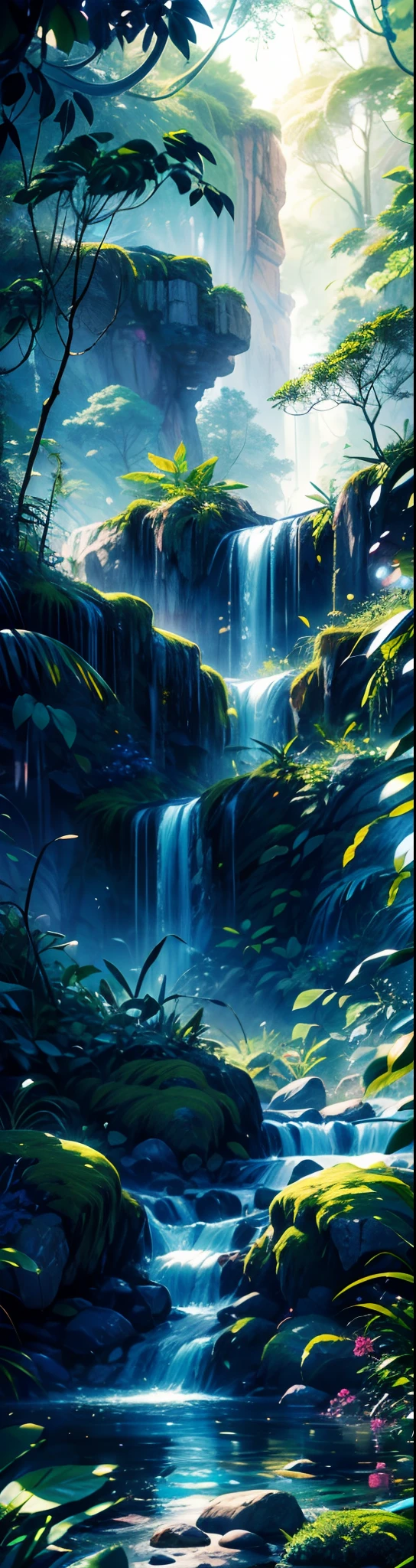 (best quality,4k,8k,highres,masterpiece:1.2),ultra-detailed,(realistic,photorealistic,photo-realistic:1.37),fantasy jungle,blue leaf,pink butterfly,firefly,glowing mushroom,strange looking tree,black vines,strange looking flowers,floating jelly fish,colorful flowers and tree,ethereal lighting,vibrant colors,beautiful foliage,lush greenery,magical atmosphere,whimsical details,dreamlike scenery,serene ambience,tropical paradise,mythical creatures,hidden treasures,peaceful solitude,majestic waterfalls,mysterious charm,enchanted forest,enchanted beauty,ethereal glow
