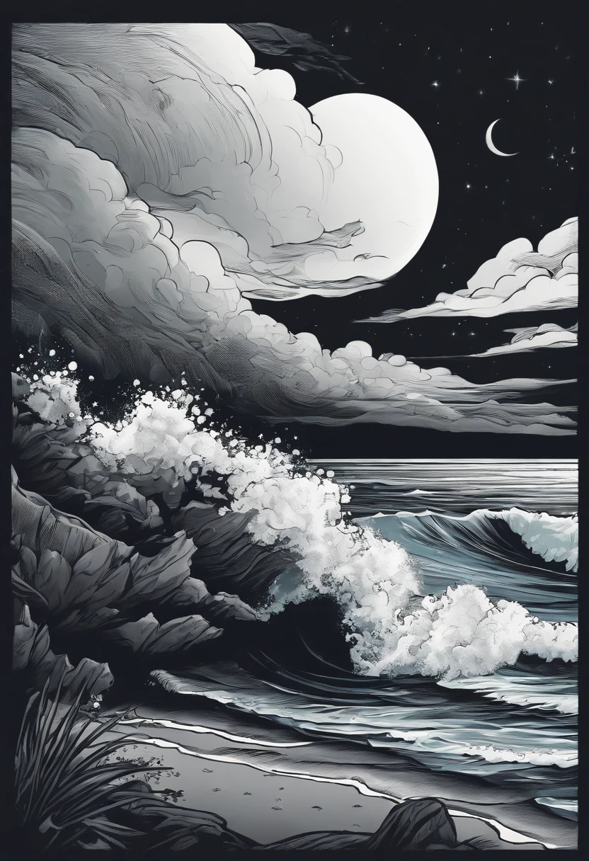/imagine prompt: beach illustration for a sticker with a black background, in bold outline style, jagged edges, trashcore, light shading --v 5.2
