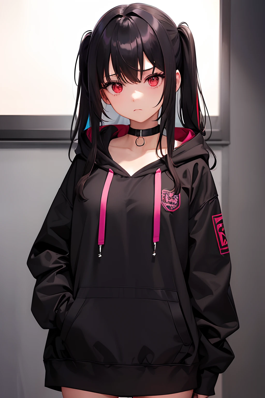 1girl, Bangs, black choker, brown-hair, Choker, closed mouth, expressionless, Hair between the eyes, hood, hoodie, Long hair, long sleeves, looking a viewer, multi-colored hair, pony tail, pink strands on bangs, red eyes, sleeves past wrists, 独奏,