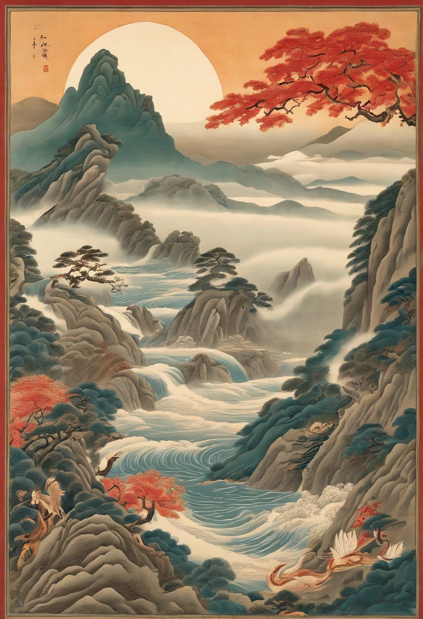 Yamakawa,pecora,rios,Sun,Mountain and Sea Skylark Scroll,Ancient mythology《Mountain and Sea Sutra》,mythological beasts,Epic composition,shadowing,National style