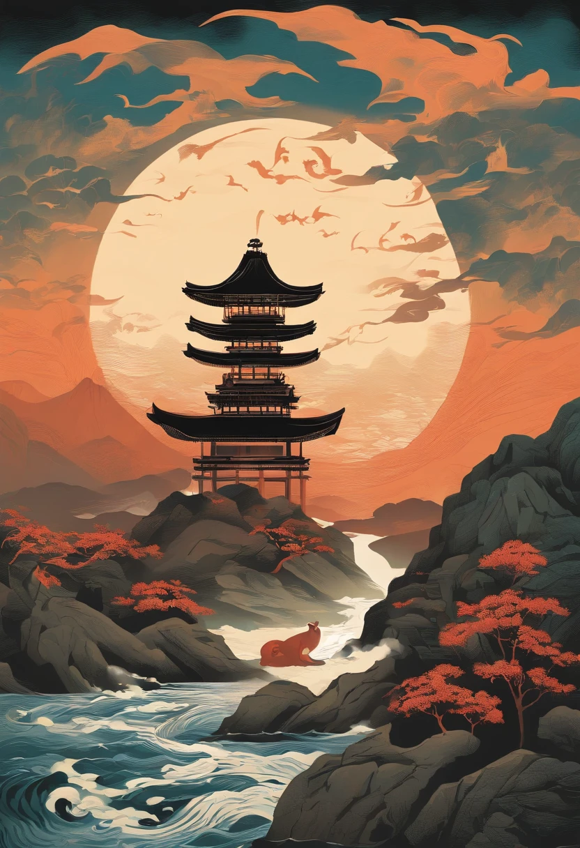 Yamakawa,pecora,rios,Sun,Mountain and Sea Skylark Scroll,Ancient mythology《Mountain and Sea Sutra》,mythological beasts,Epic composition,shadowing,National style