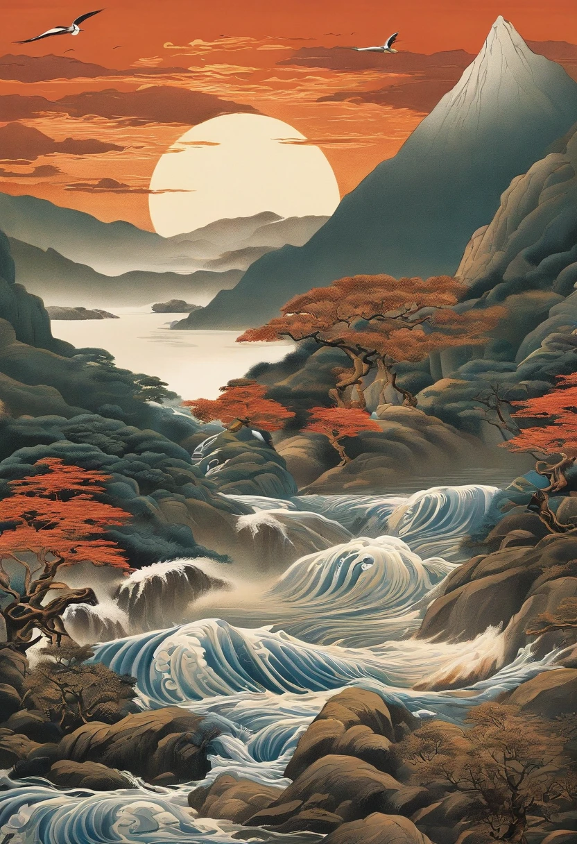 Yamakawa,pecora,rios,Sun,Mountain and Sea Skylark Scroll,Ancient mythology《Mountain and Sea Sutra》,mythological beasts,Epic composition,shadowing,National style