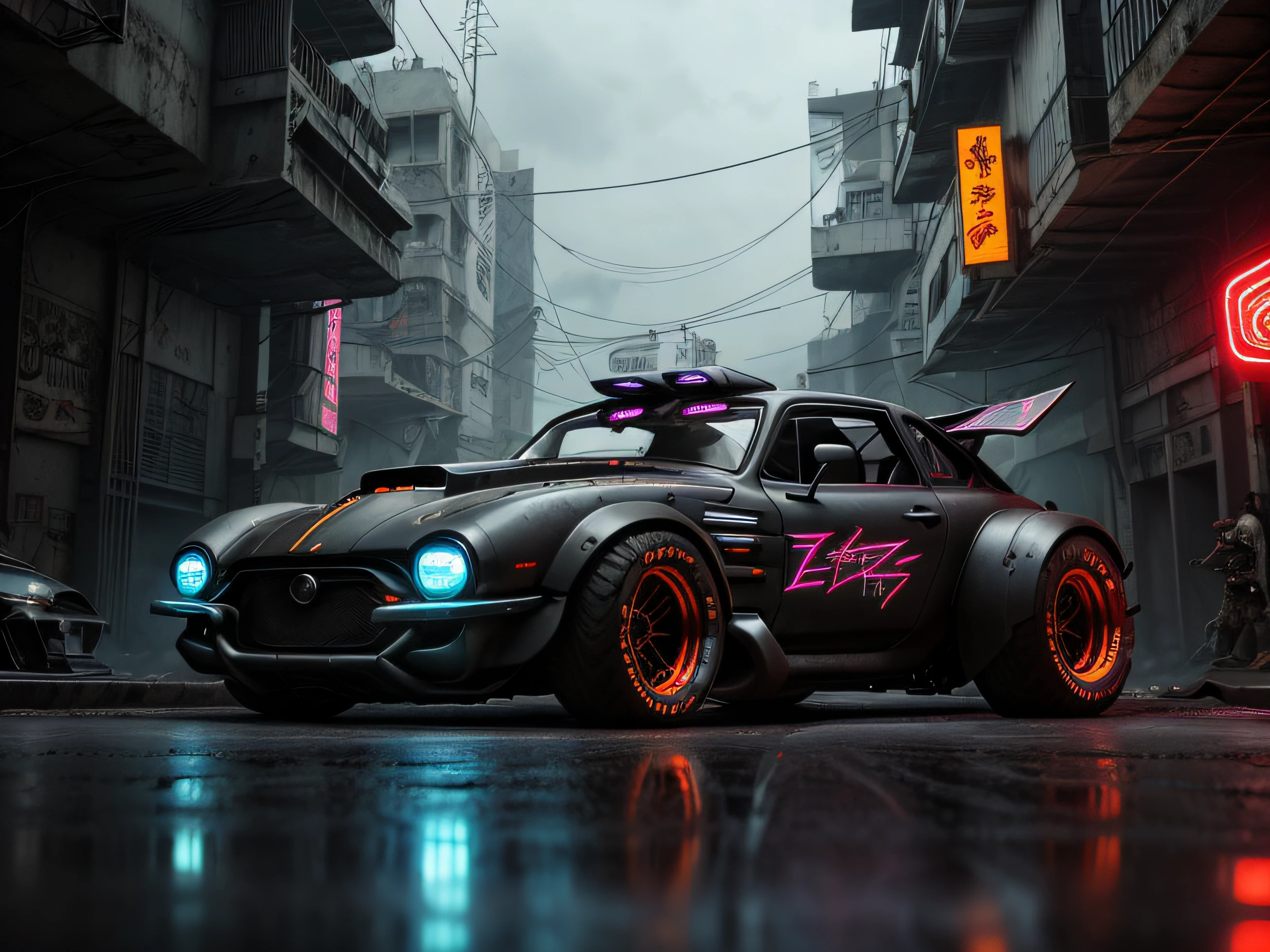 uma vista frontal 3/4 dos ((Futurista cyberpunk Hotrod Zeekars)) (com pneus brilhantes), carro preto, carenagem com efeitos de neon, Red headlights ((linhas neon vermelho)), ((fundo garagem underground)).