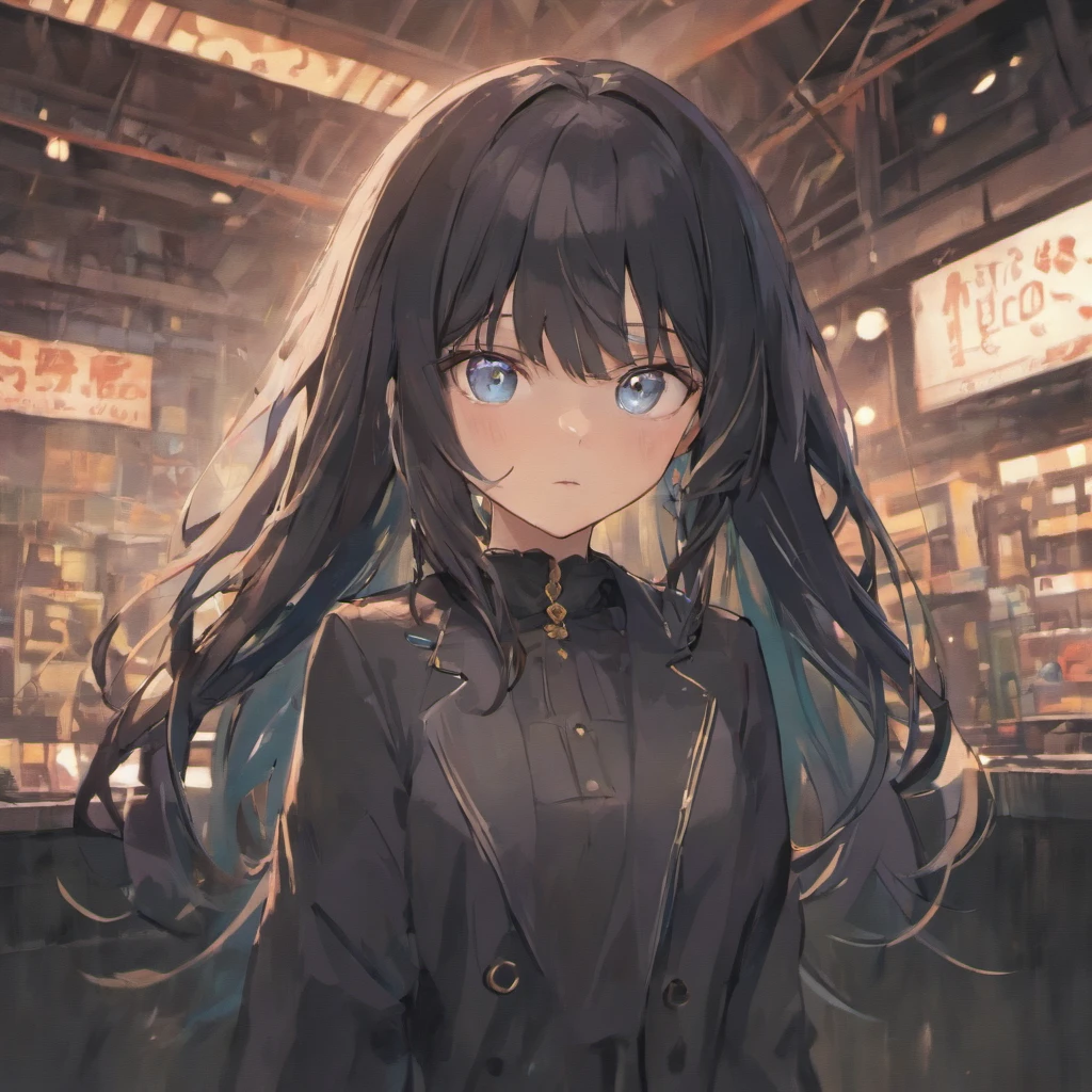 Girl with black hair, loose long hair. The right eye is blue-eyed and the left eye is black. In a strict suit, Fon is a car repair shop。4k，K HD。