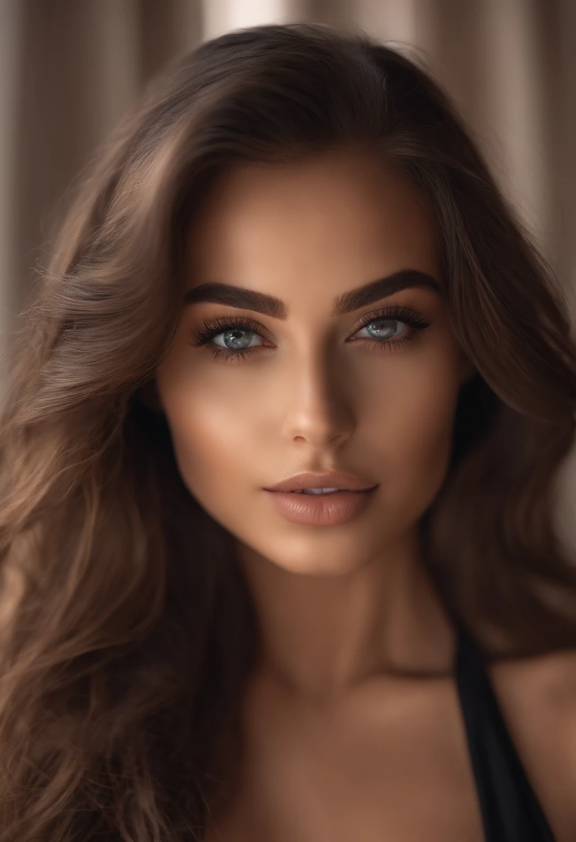 Arafed woman completely , fille sexy aux yeux bruns, ultra realist, Meticulously detailed, Portrait Sophie Mudd, cheveux bruns et grands yeux, selfie of a young woman, Dubai Eyes, Violet Myers, sans maquillage, maquillage naturel, looking straight at camera, Visage avec Artgram, Maquillage subtil, Great photo of the whole body kneeling on the bed, dans la chambre, Medium to large bust