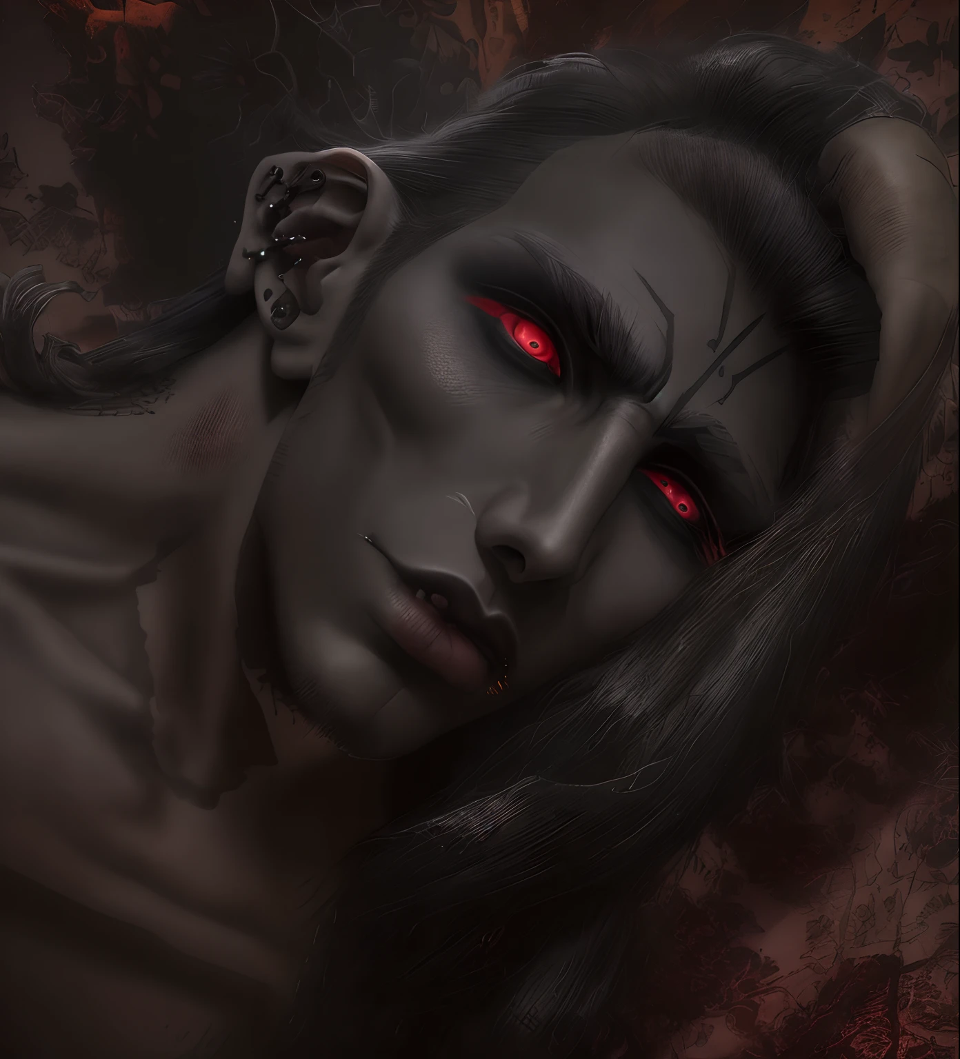 "A close-up of a young man with dark and ancestral makeup, adorned with ancestral makeup, demoness, deep piercing eyes, with black scleral eyes, a gothic face with haunted eyes and dark hair, on the lips, a nose piercing, a dark vampire, gothic, mystic, and ancestral terror vibes, indigenous pagan god, a boy's face, indigenous ancestral makeup, indigenous warrior god, Balderr.