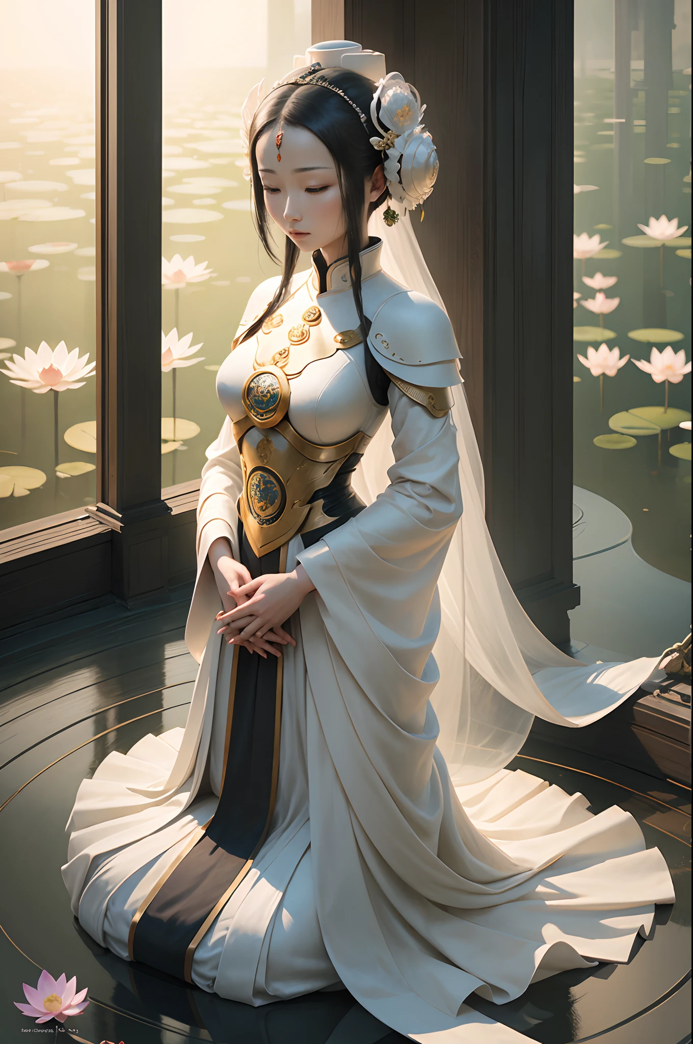 1000-armed robot Kuan Yin sits in prayer in the Lotus Garden, Digital Art H 960