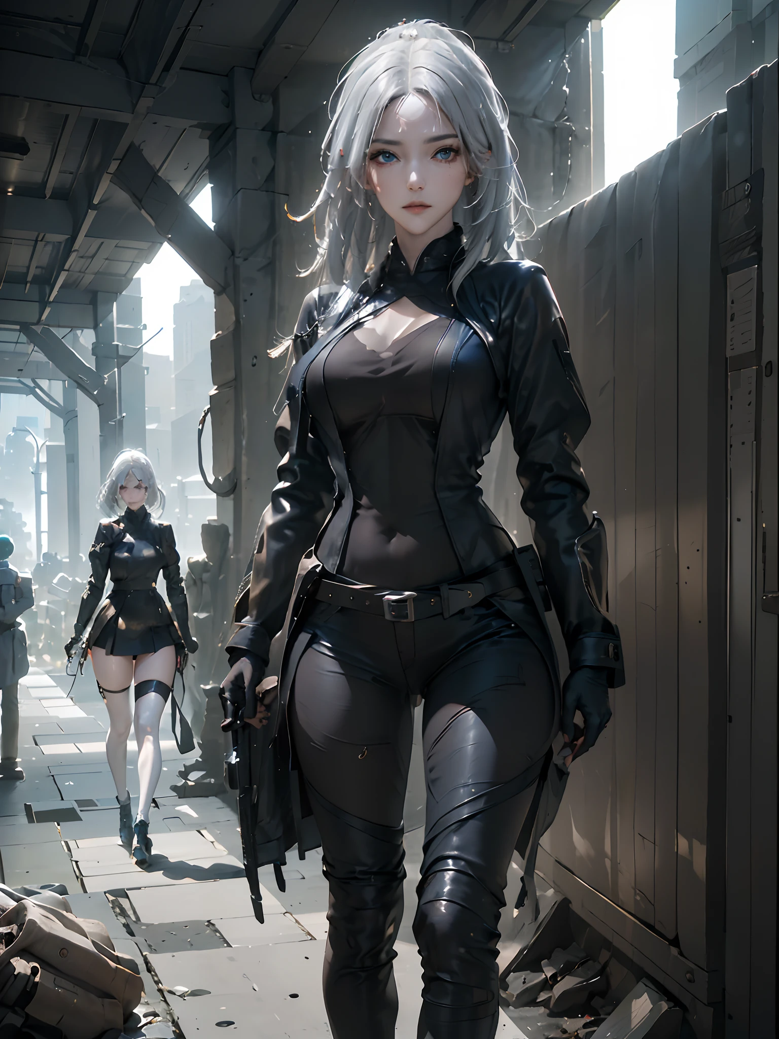 ((top-quality)), (((masterpiece)), (detaileds: 1.4), 3D, Beautiful Cyberpunk Woman Image, bob cuts, Broken black tights, leather clothes, Electromechanical, nffsw(HighDynamicRange), Ray traching, NVIDIA RTX, Hyper-Resolution, Unreal 5, Sub-surface scattering, PBR Texture, Postprocess, Anisotropy Filtering, depth of fields, Maximum sharpness and acutance, Multilayer Texture, Albedo and Highlight Maps, Surface Coloring, Accurate simulation of light-material interactions, perfectly proportions、octane renderings、two tone lighting、Large aperture、Low ISO、White Balance、thirds rule、8K Raw、masterpiece、top-quality、(8k extremely detailed CG unit wallpaper)(top-quality)、(The best illustrations)、(Best Shadows), blue eyes, long hair, big titt