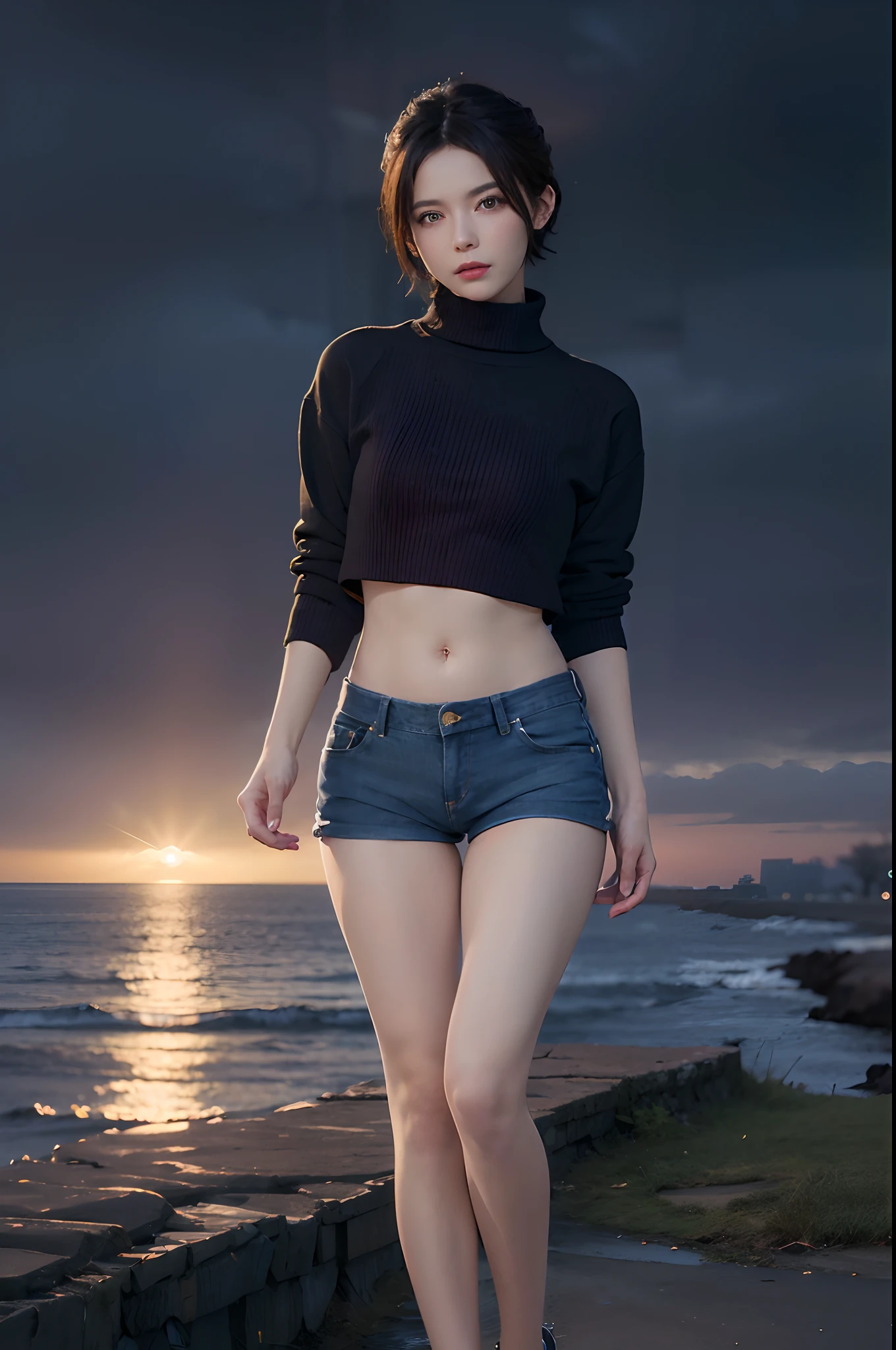 (masuter piece:1.3)、(8k、Photorealsitic、RAW Photography、top-quality: 1.4)、(1girl)、beautiful countenance、(lifelike face)、(A dark-haired、short-hair:1.3)、
Beautiful hairstyle、realisticeyes、Beautiful details、(real looking skin)、Beautiful skins、absurderes、enticing、超A high resolution、A hyper-realistic、high-detail、the golden ratio
