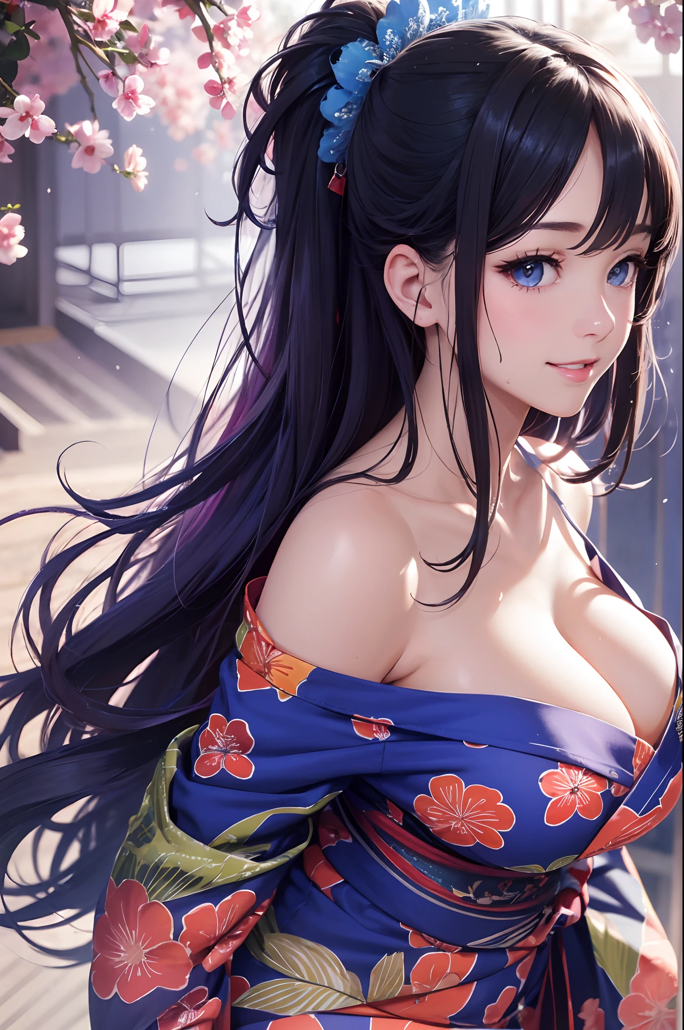 8K picture quality、top-quality、masutepiece、Large breasts，cleavage，Off-the-shoulder attire，super high image quality、ultra - detailed、Ultra-realistic hair quality、Vibrant colors、Beautuful Women、Beautiful long hair、Shiny hair、detailed hairs、blue mesh、poneyTail、Blue eyes、shiny skins、Lace underwear、extremely giant breasts、Sweaty forehead and cheeks、Huge ass、Fluffy off-the-shoulder yukata、A smile、soft pink lips、Ultra-realistic flesh、Red cheeks、summer festival in background