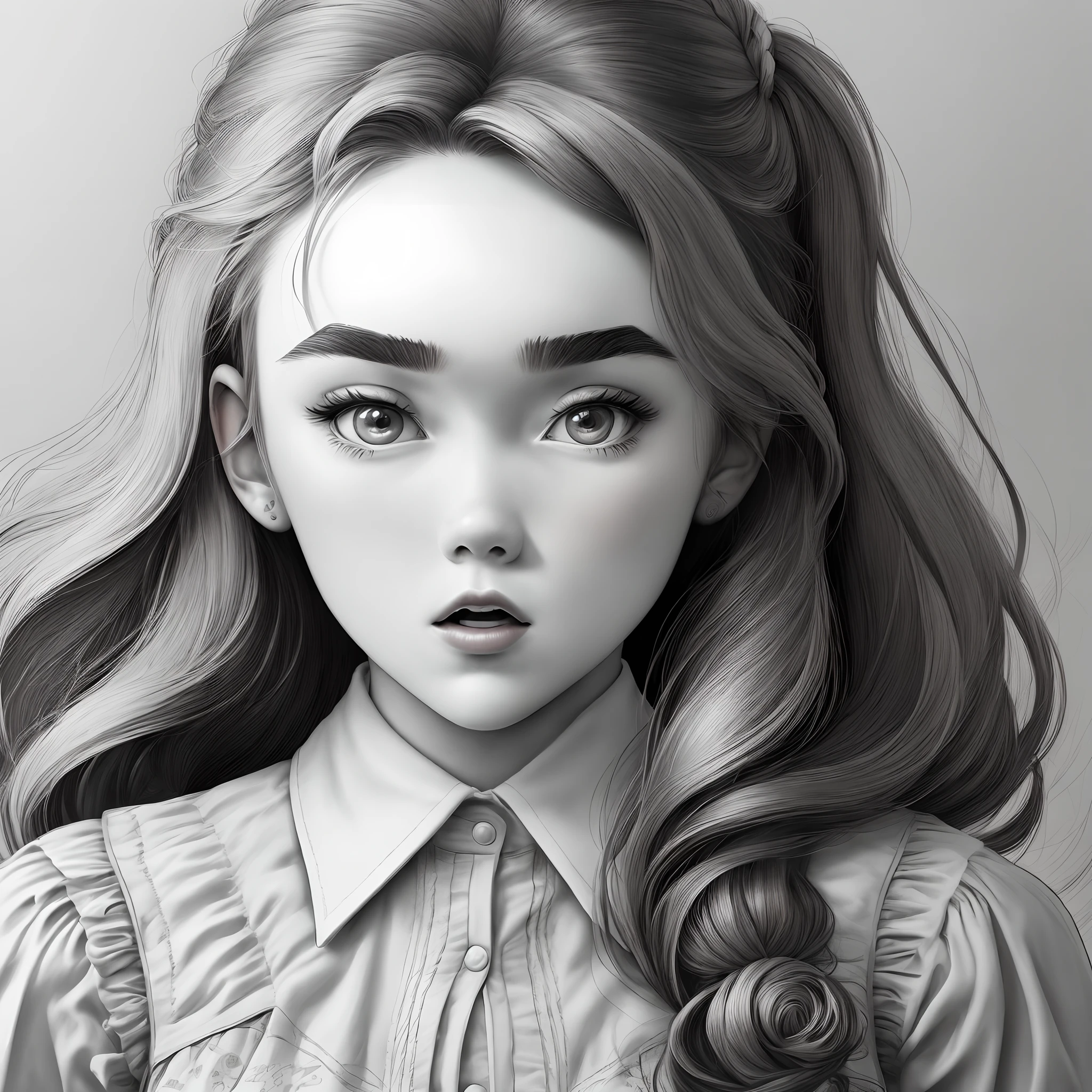 masterpiece, line art of a female character, Florence Pugh shocked expression, detailed country garden background, Art Deco designs,, style by double exposure, no shading, for coloring page, white space, no shadowing,