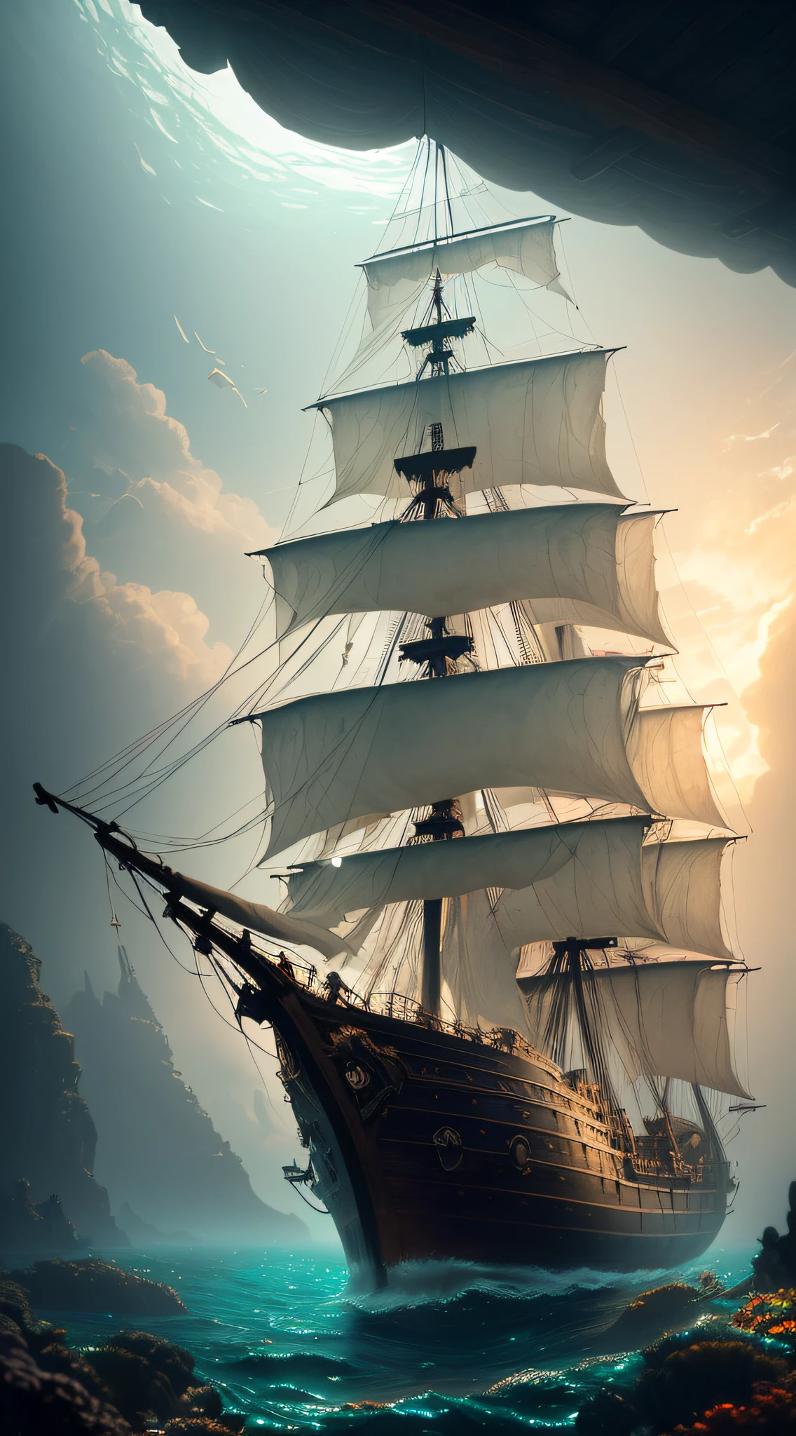 (best quality,4k,8k,highres,masterpiece:1.2),ultra-detailed,(realistic,photorealistic,photo-realistic:1.37),aquarium inside glass jar,pirate ship,cinematic,hyperdetailed,photography,clear blue water,schools of vibrant tropical fish,exquisite coral reefs,glowing jellyfish,reflections dancing on the glass jar,vivid colors,golden sunlight streaming through the water,hazy cinematic atmosphere,dramatic lighting,subtle underwater shadows,mysterious underwater world full of life and color,detail-oriented illustrations of the pirate ship,weathered wood and rusty metal,elegant and intricate pirate ship design,authentic and aged textures,carefully crafted ropes and sails,cinematic photography capturing the sea and sky,rich color grading enhancing the depth and mood,strong emphasis on textures and fine details.