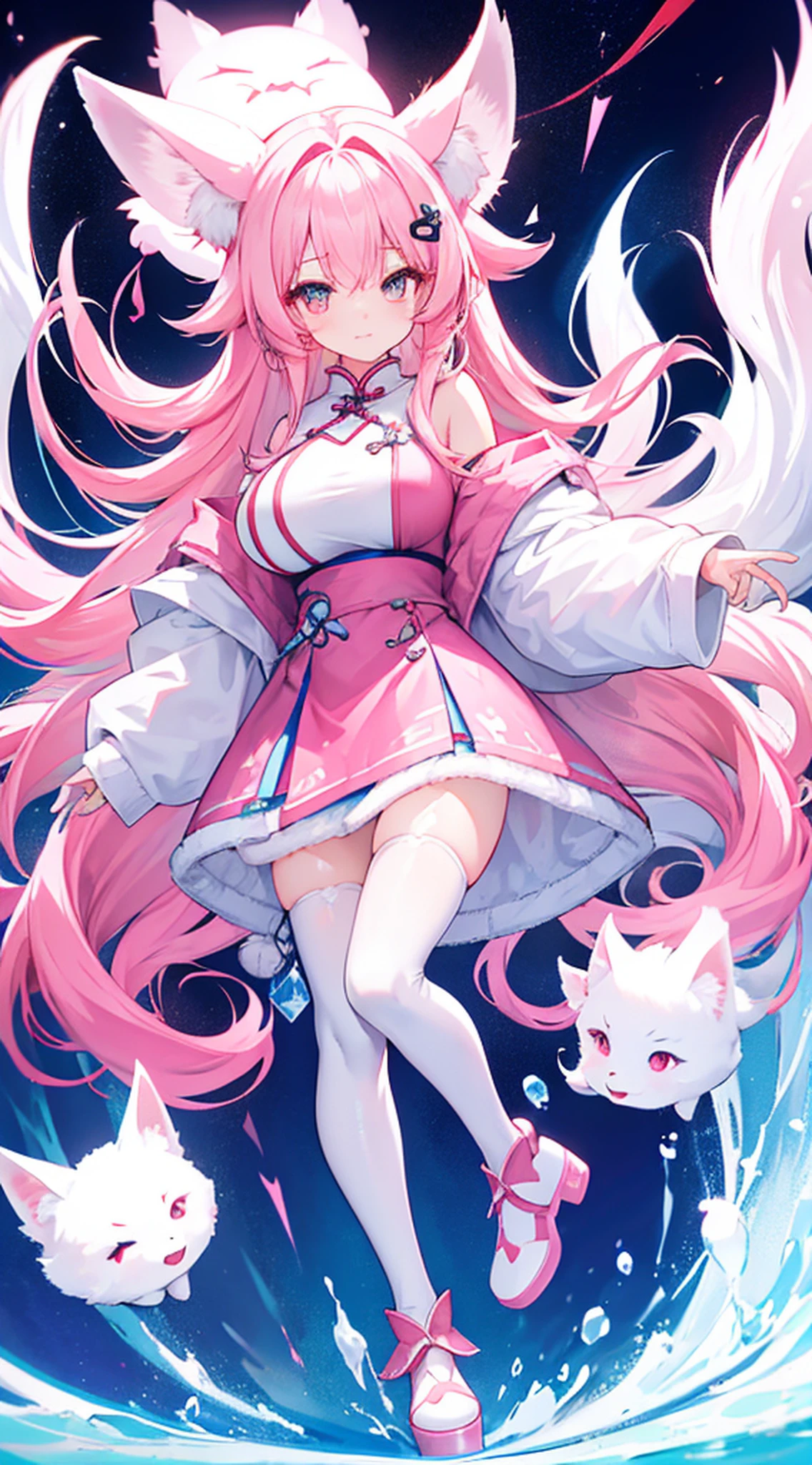 Fox Maiden,Big furry tail,Pink Long Hair,Wearing a blue high-open cheongsam,white stockings,Long boots,stand posture,Whole body diagram,There is a large white fox on its back,the detail,anime big breast,k hd,In pink,blue colors