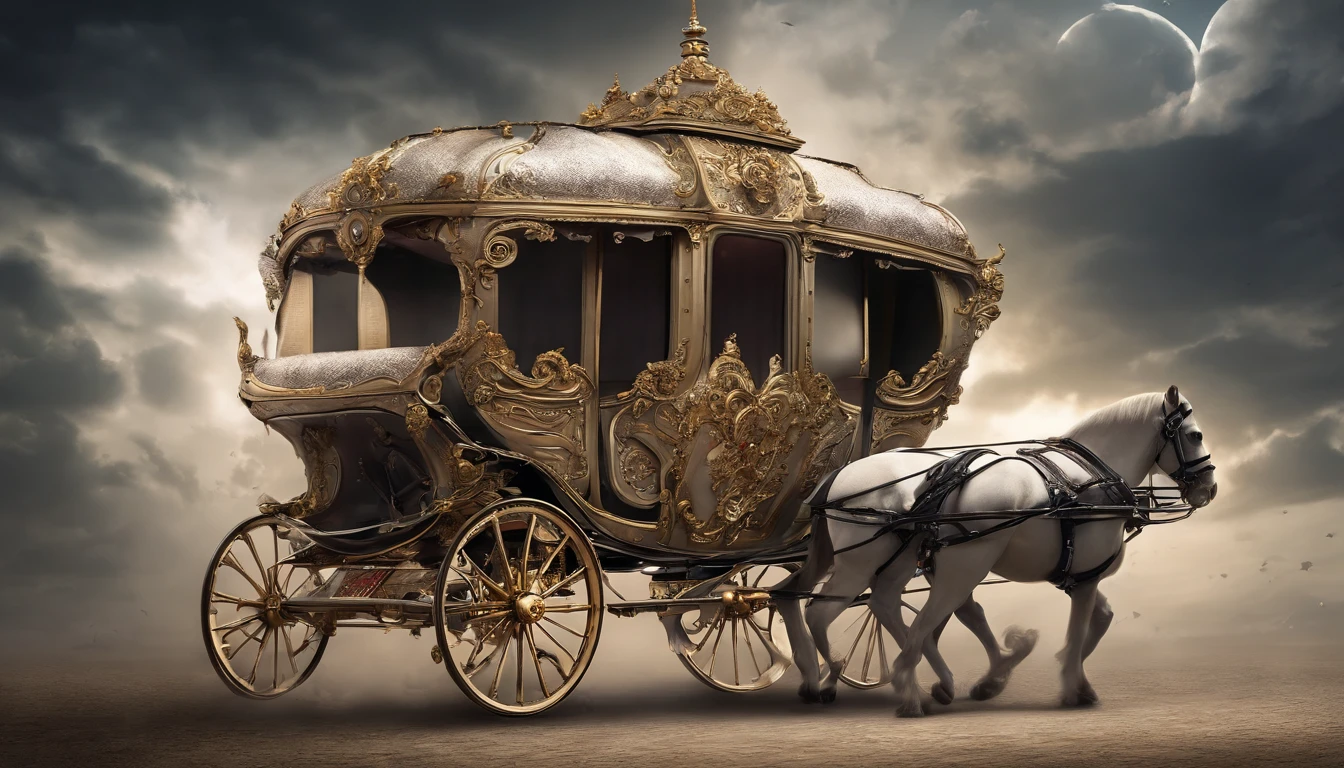 An elegant carriage covered with dark clouds in the sky,The carriage structure is accurate,Art in the Rococo style, nightcore,the stars art group,children's book illustrations,Intricate, whimsical details, Chromaticity purity, curves,Manned