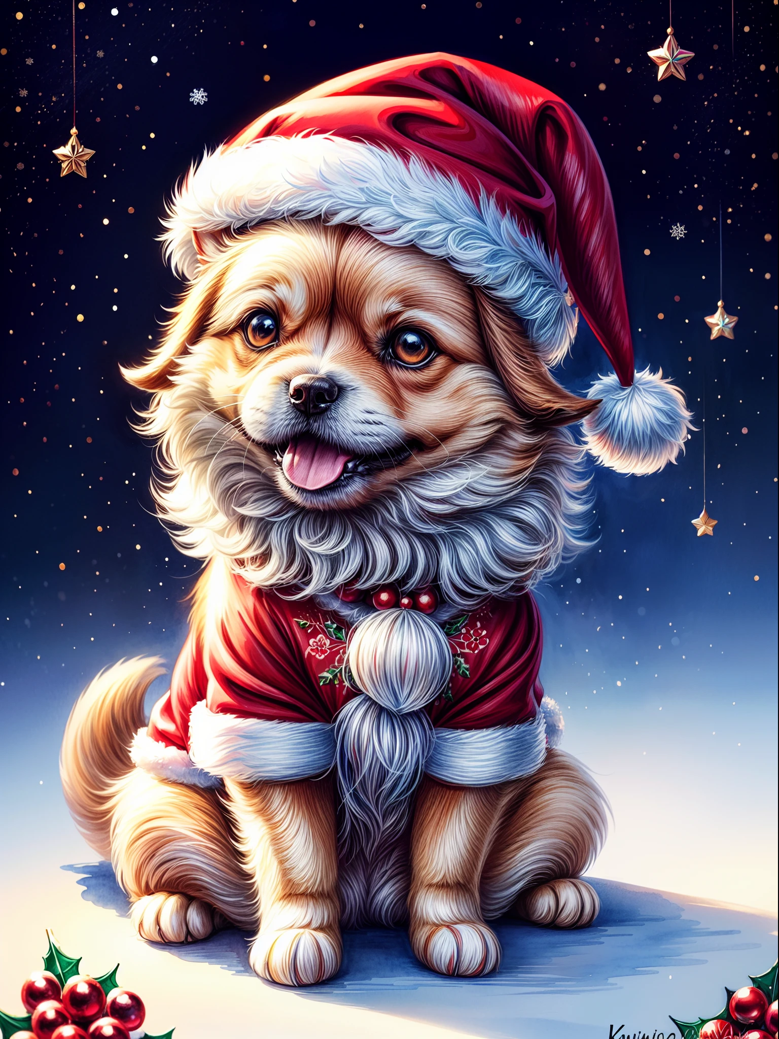 kawai chibi dog in Santa Claus hat, sitting, detailed beautiful eyes, Christmas theme style, centered, complete, character illustration, intricate details ultra high quality, award winning painting 8k extremely high definition, hand painted, watercolor painting, broad strokes, colorful, high shine, high res, greeting card style, white background