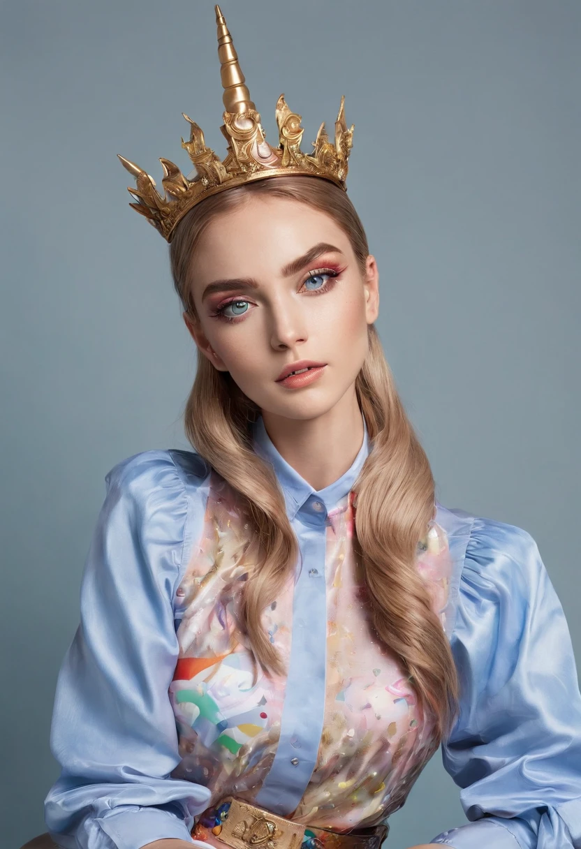 A pretty young woman with wide-opened blue eyes sitting at a table, dressed in football-like shirt with the number and name on it. In her hand is a magic wand crowned with the head of a unicorn with a rainbow mane. Taking a break, in an action pose to attack, A playful look to the side. Smile. Brown, long straight hair.