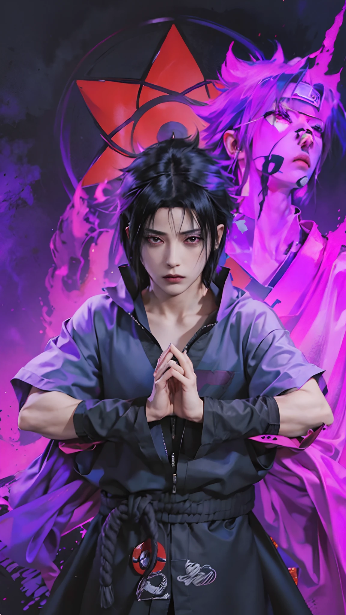 1man, uchiha sasuke in anime naruto shipudden, short hair , black hair, red ligth eyes, handsome, purple clothes, realistic clothes, detail clothes, city background, ultra detail, realistic