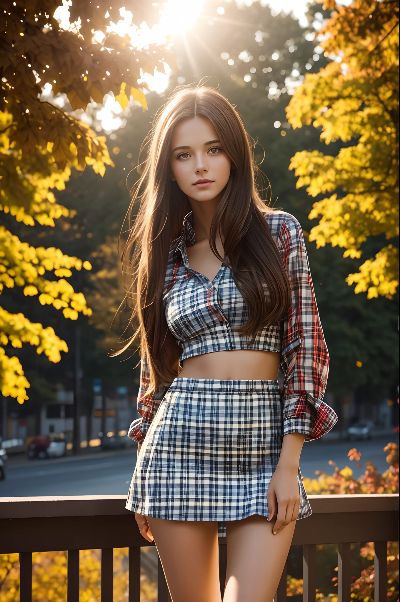 brunette girl, long hair, slim figure, terrace, plaid, autumn, evening, sun rays, warmth, portrait, 85mm, f2.0, light, ultra realistic, 8k, fm2.0, cinema4d