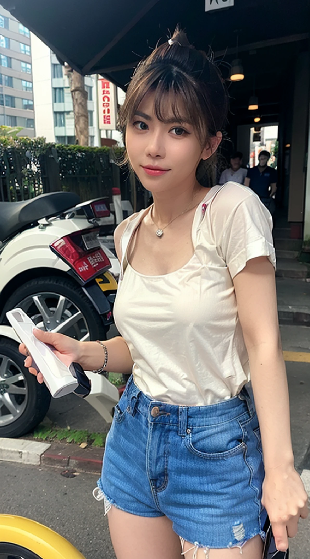 Woman standing on sidewalk with mobile phone in hand, dressed in a white t-shirt, wearing tight shirt, Tight shirt, in Tokyo under, appearing in a shopping mall, [ photos realistic ]!!, set in tokyo bank parking lot, uhd candid photo of dirty, dressed in a white t-shirt, in tshirt, candid shot, in a white shirt