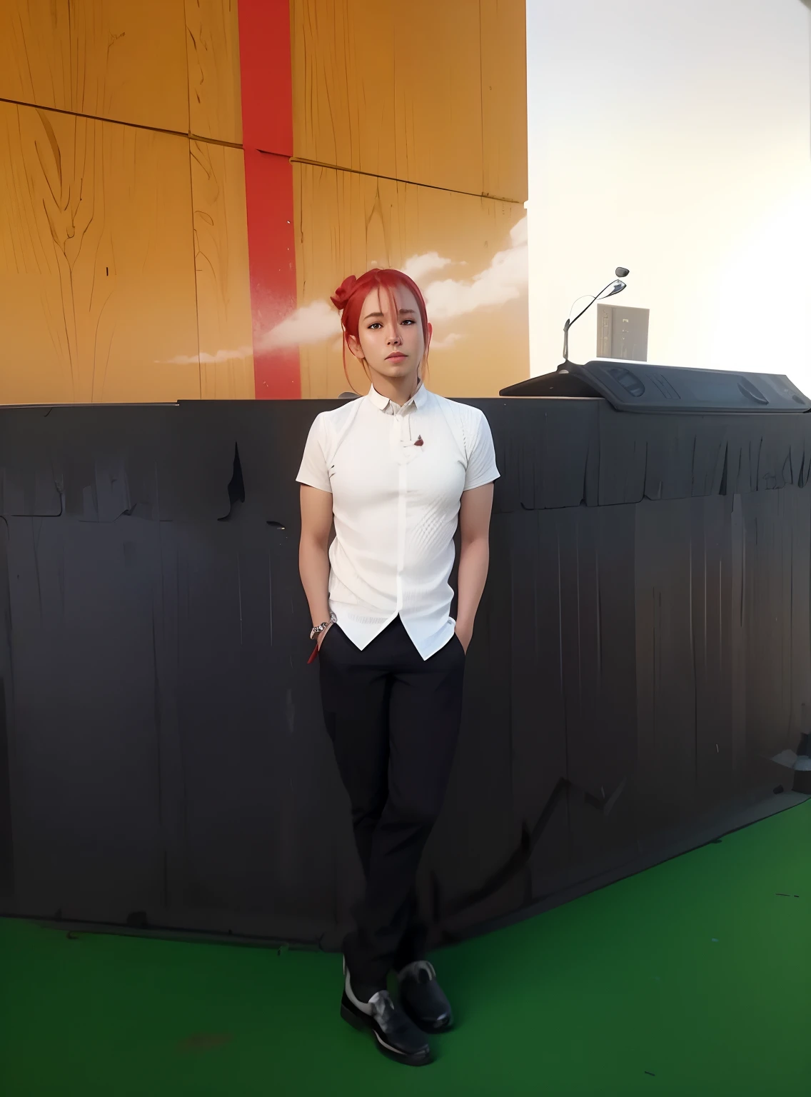 Change the photo background into beautiful landscape, change face into anime character, red long hair with net ties, girly character