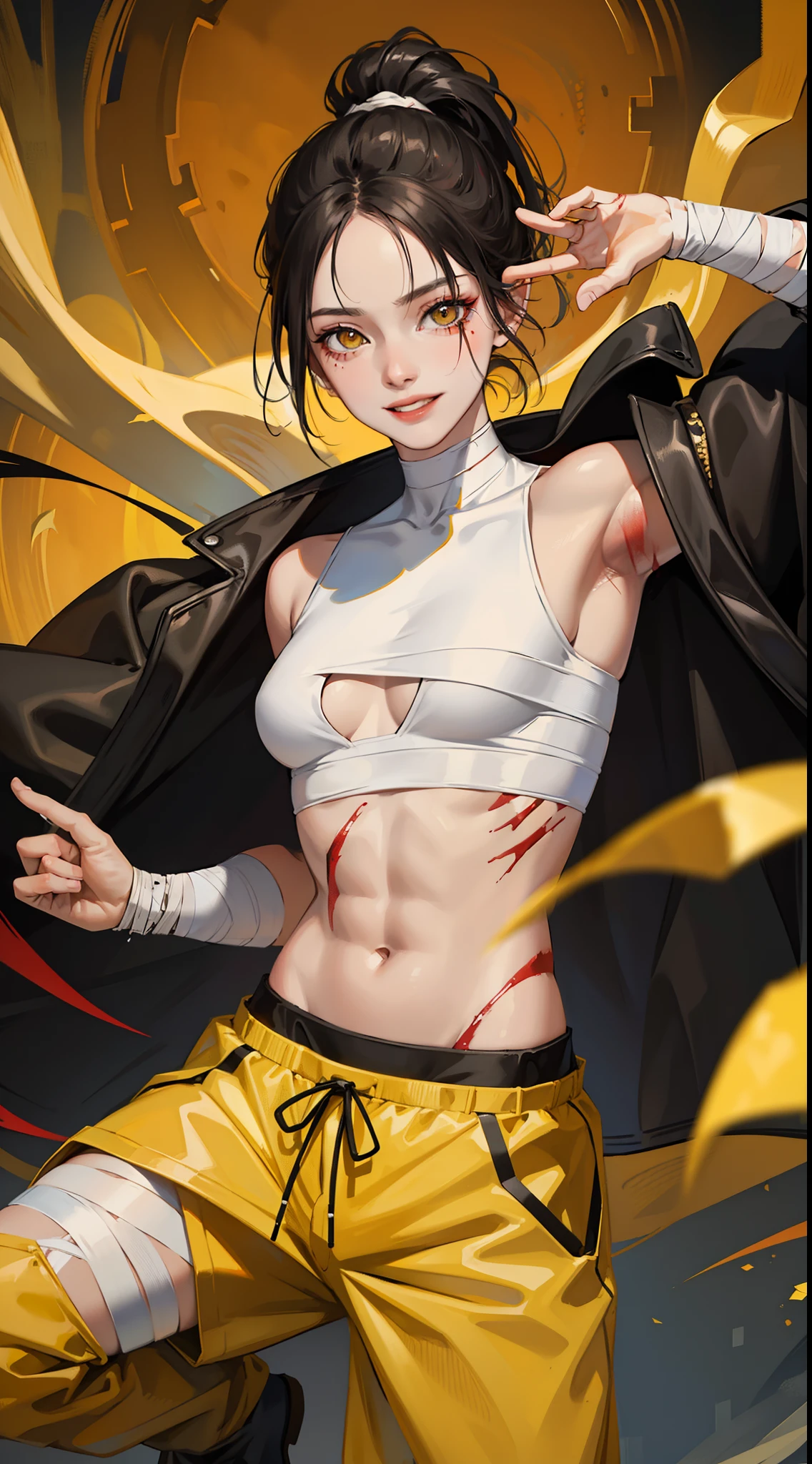 Young guy, short black hair, high ponytail, Yellow eyes, Scars, bloods, confusion, Wounds, Smile, Bandages, red martial arts pants, open torso, Masterpiece, hiquality, 4k, HD, Good detail