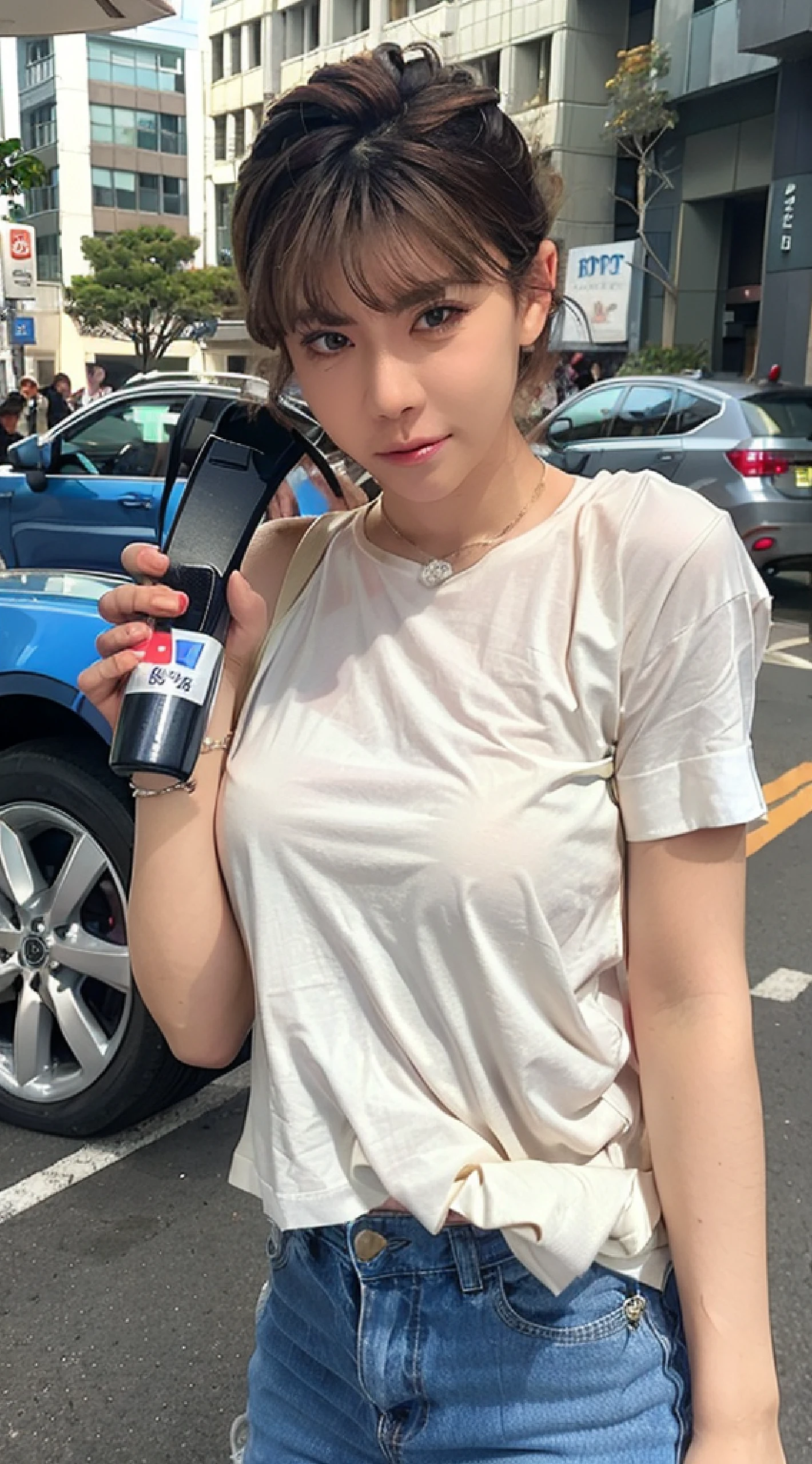 Woman standing on sidewalk with mobile phone in hand, dressed in a white t-shirt, wearing tight shirt, Tight shirt, in Tokyo under, appearing in a shopping mall, [ photos realistic ]!!, set in tokyo bank parking lot, uhd candid photo of dirty, dressed in a white t-shirt, in tshirt, candid shot, in a white shirt