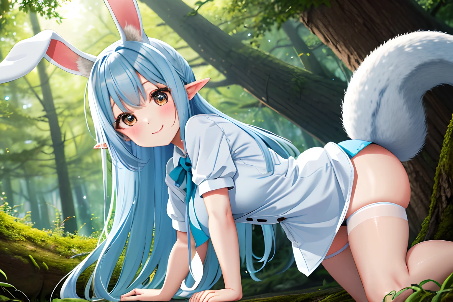 【Top image quality】Kawaii Girl in woods Forest creatures bunny rabbit dark circles a squirrel There is also a。There are also mushrooms。Eared rabbit bare-legged Cute white costume White panty rabbitears shortsleeves Light blue long hair Twin-tailed A charming smile