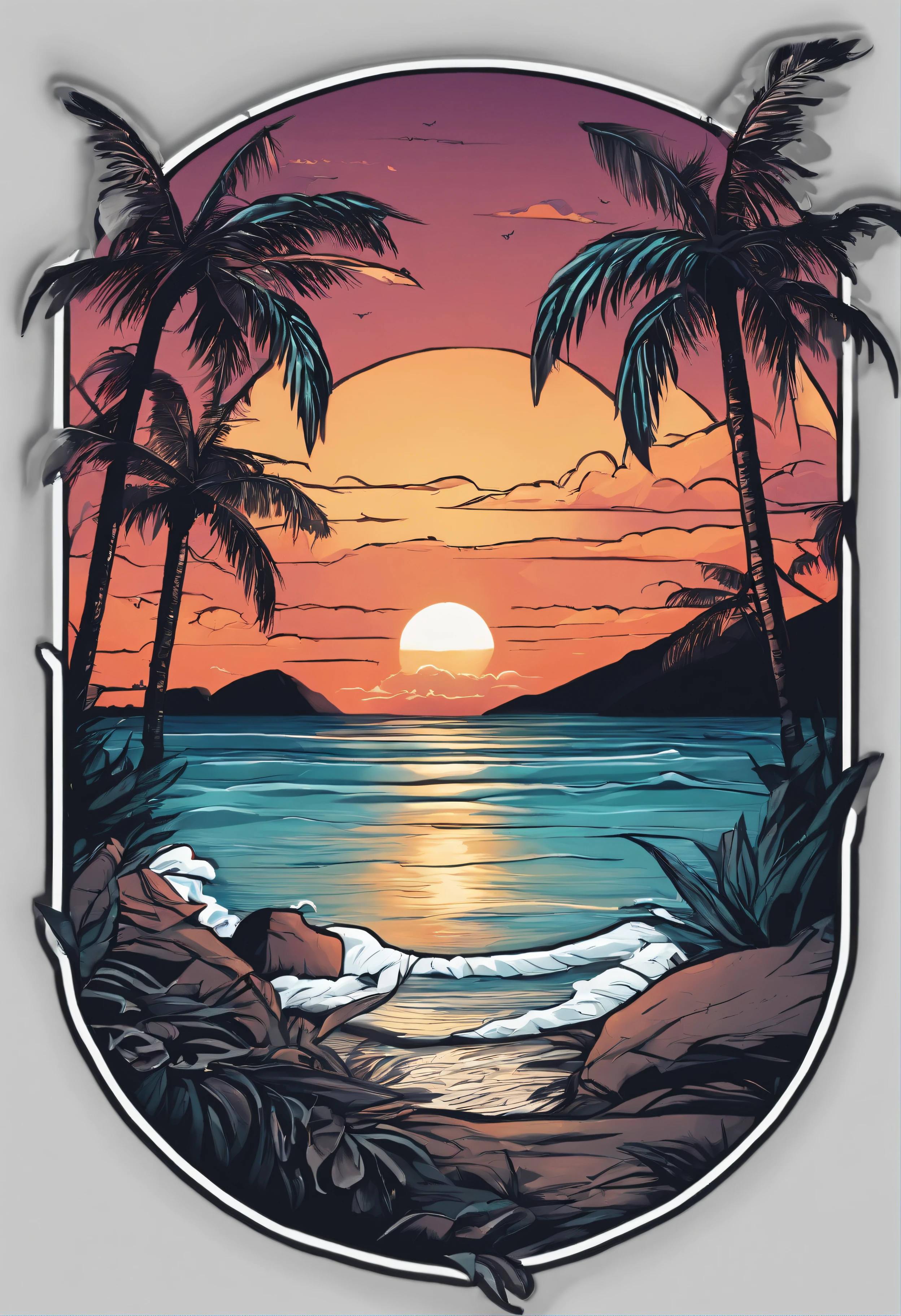 /imagine prompt: beach illustration for a sticker with a black background, in bold outline style, jagged edges, trashcore, light shading --v 5.2