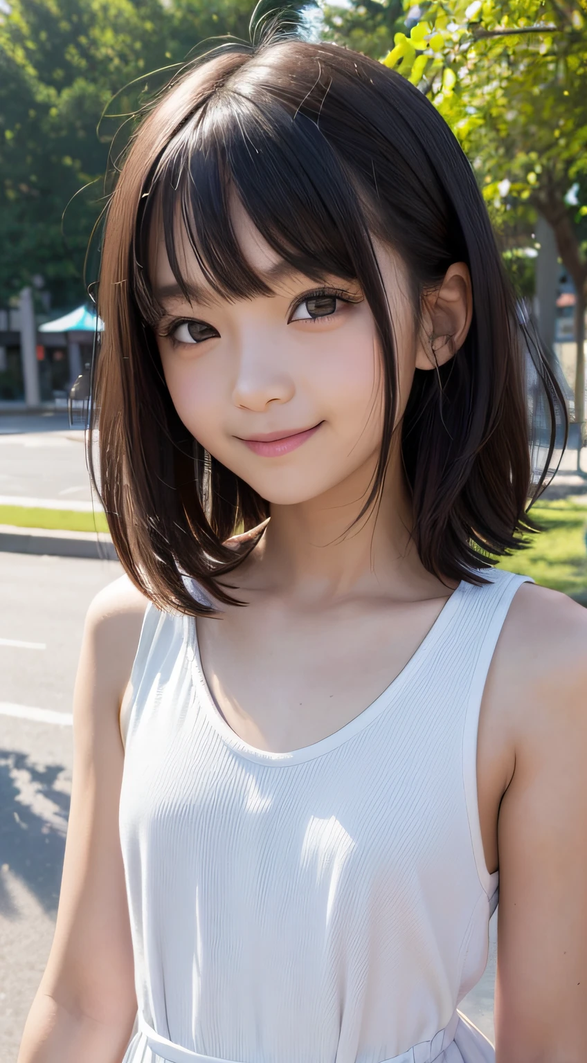 超A high resolution, Best Quality, Detailed face, AW photo high ,Shot from the front of the body、Facing forward、adolable、 High nasal muscles、Smile, ((small tits))、 a park, Realistic face, ((A -yeld gi)、Smile, a park, Low contrast, Soft cinematic light, Soft cinematic light, short-hair, bobhair、 Smile, Black hair, 10 year oFemale children))、Summer, MPiece, Simple dress, Dynamic Side ,Perfect 、detailed hairs, (1girl in )、looking at the viewers,