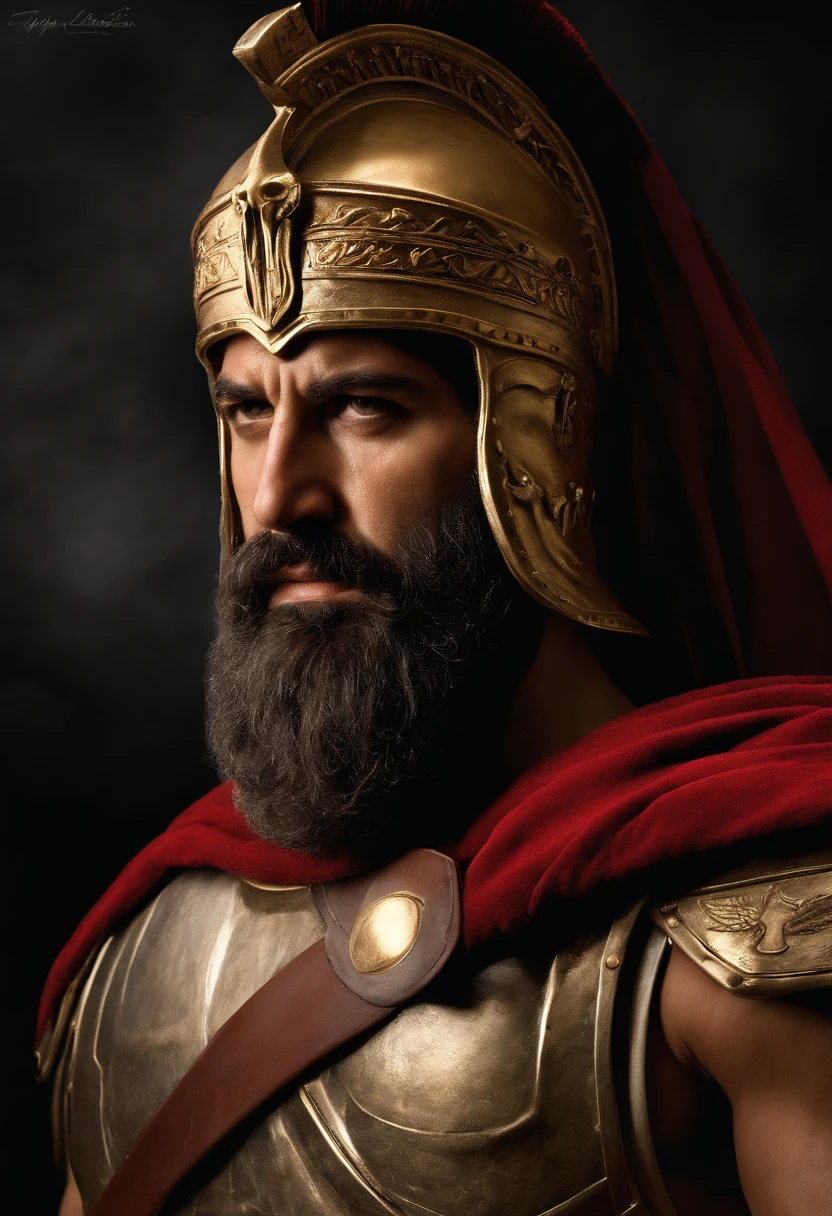 (((Photorealistic Portrait of King Leonidas)))
Type of Image: Photograph
Subject Description: A photorealistic portrait of King Leonidas, the legendary Spartan warrior king. The portrait should capture his stern and resolute expression, showcasing every detail of his distinctive beard, helmet, and battle scars.
Art Styles: Realistic, Historical Accuracy
Art Inspirations: Renowned historical portrait photographers
Camera: DSLR, Portrait Lens (85mm)
Shot: Close-Up, Focusing on King Leonidas' Face
Render Related Information: High Resolution (4K), HDR, Studio Lighting to Highlight Facial Features