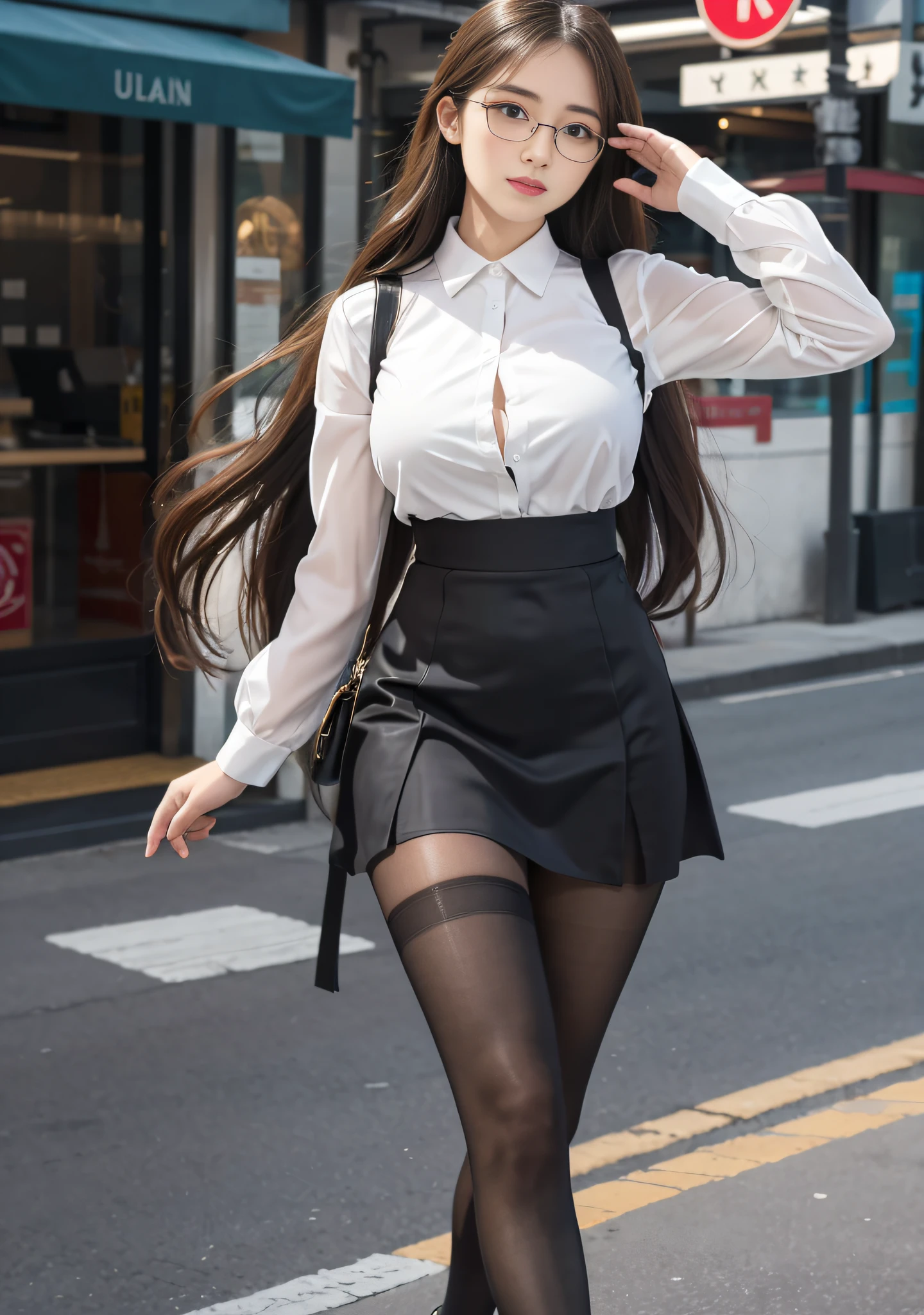 ulzang-6500-v1.1, (RAW photo:1.2), (Photorealistic:1.4), Beautiful detailed girl, Very detailed eyes and face, Beautiful detailed eyes, ridiculous, Incredibly Ridiculous res, hugefilesize, Super detailed, high resolution, Very detailed, Best quality, Masterpiece, ((fashion clothing with diverse colors)), illustration, Very detailed, CG, unified, 8K wallpaper, Amazing, finedetail, Masterpiece ,Best quality, Very detailed CG uniform 8k wallpaper, light in face, Movie lighting, 1girll, , Long white hair, side splits, (Big breasts), ()), (Glasses), ((Dynamic pose))), ((Sexy pose))), (camel-toe), (Half), (Pantyhose)), ((Black hip skirt))