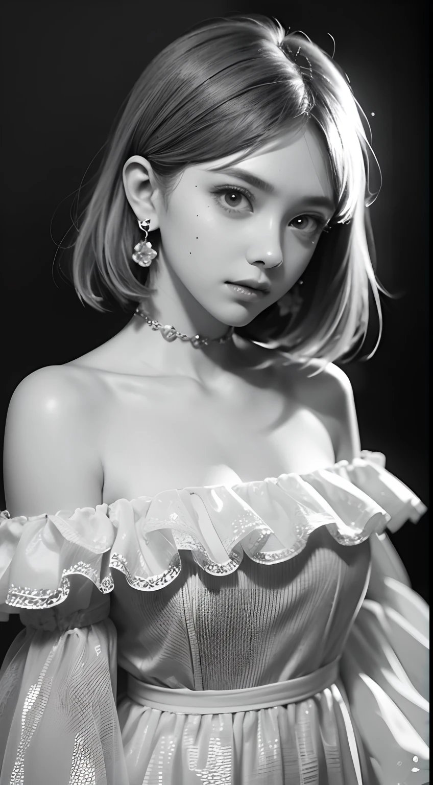 Beautiful girl, high-precision illustrations, monochrome tone effects, chic and sophisticated impression, focus blur envelops her softly, overhead shot composition, pixel-perfect drawing, edge detection, clear expression of details, high-key contrast, tint effect, monochrome world, unique charm, off-shoulder, bust shot, Backlight, Cinematic Light, Retro, Plain Dress, Earrings, Silver Accessories, Short Bob, Long Eyelashes