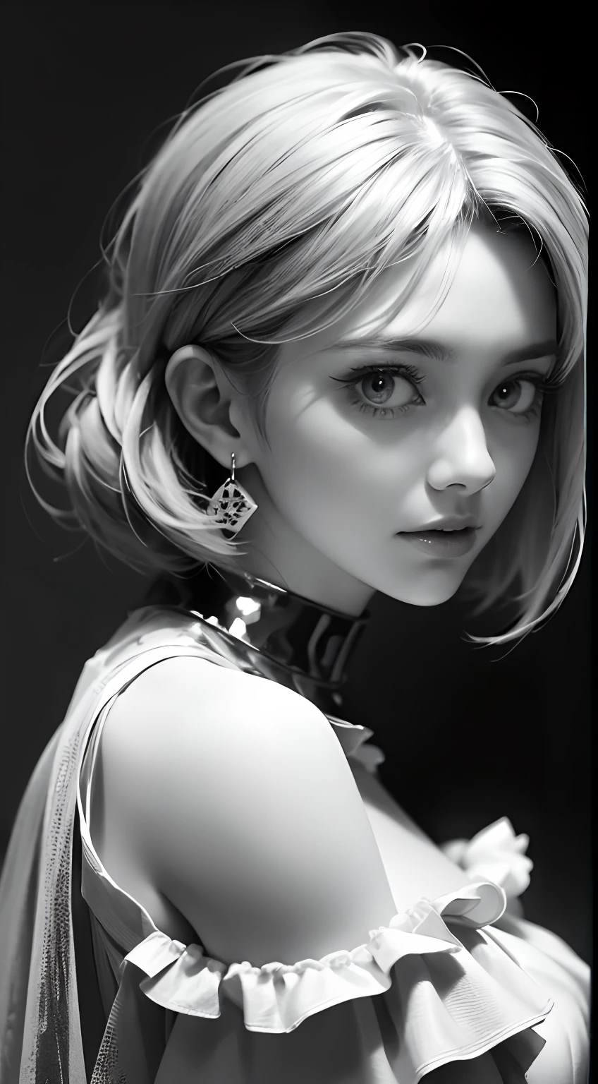 Beautiful girl, high-precision illustrations, monochrome tone effects, chic and sophisticated impression, focus blur envelops her softly, overhead shot composition, pixel-perfect drawing, edge detection, clear expression of details, high-key contrast, tint effect, monochrome world, unique charm, off-shoulder, bust shot, Backlight, Cinematic Light, Retro, Plain Dress, Earrings, Silver Accessories, Short Bob, Long Eyelashes
