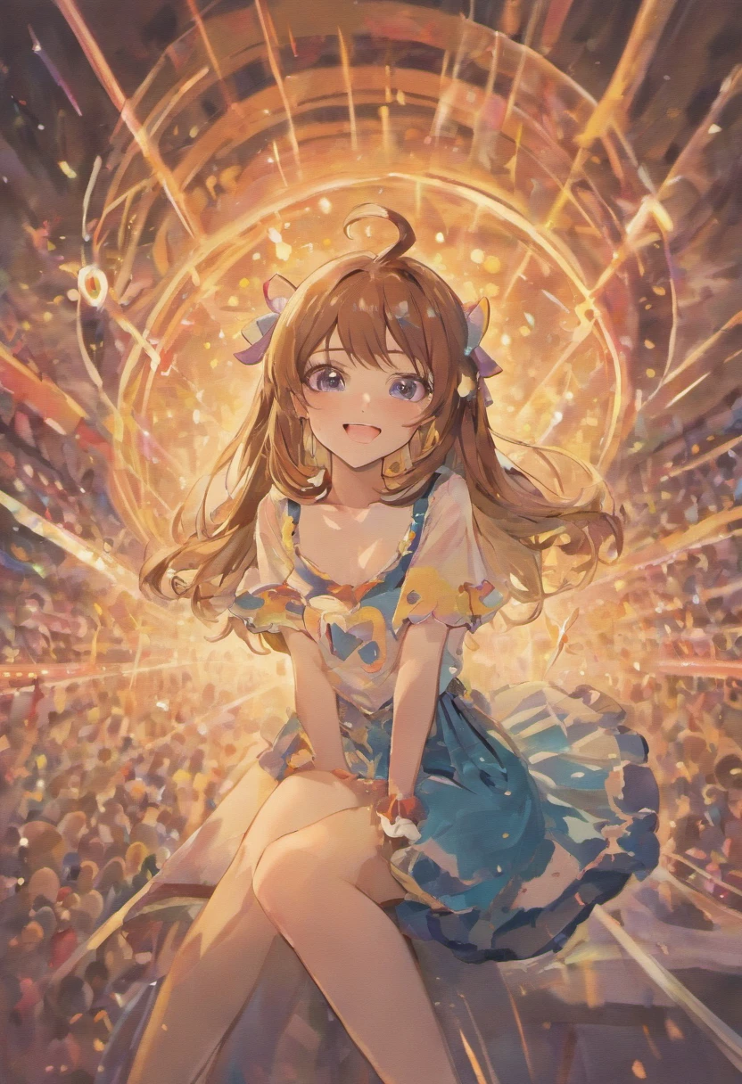 A pretty young woman with wide-opened blue eyes sitting at a table, dressed in football-like shirt with the number and name on it. In her hand is a magic wand, on the end of which a small head of a unicorn with a rainbow mane mounted. Taking a break, in an action pose to attack, A playful look to the side. Smile. Brown, long straight hair.