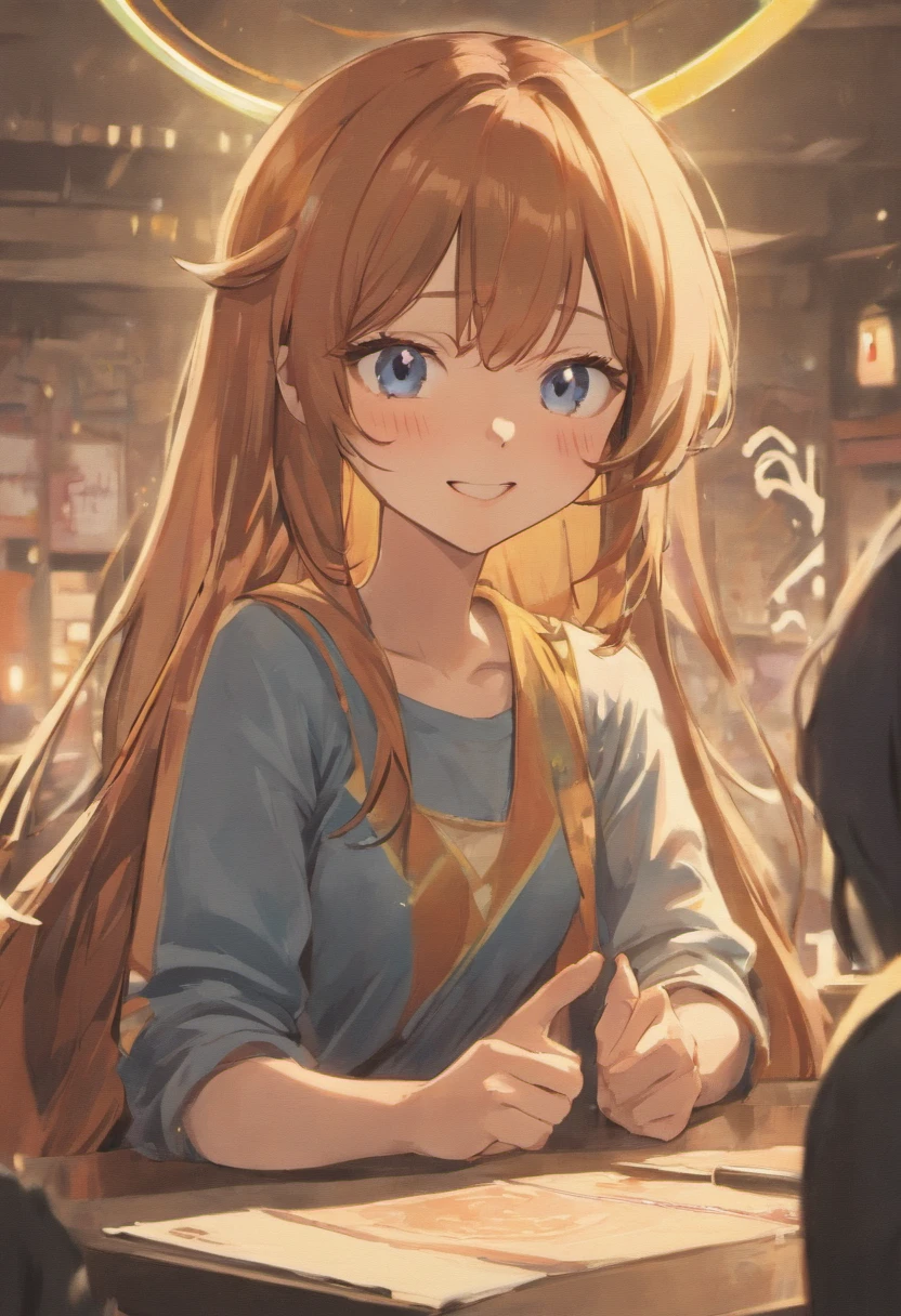 A pretty young woman with wide-opened blue eyes sitting at a table, dressed in football-like shirt with the number and name on it. In her hand is a magic wand, on the end of which a small head of a unicorn with a rainbow mane mounted. Taking a break, in an action pose to attack, A playful look to the side. Smile. Brown, long straight hair.