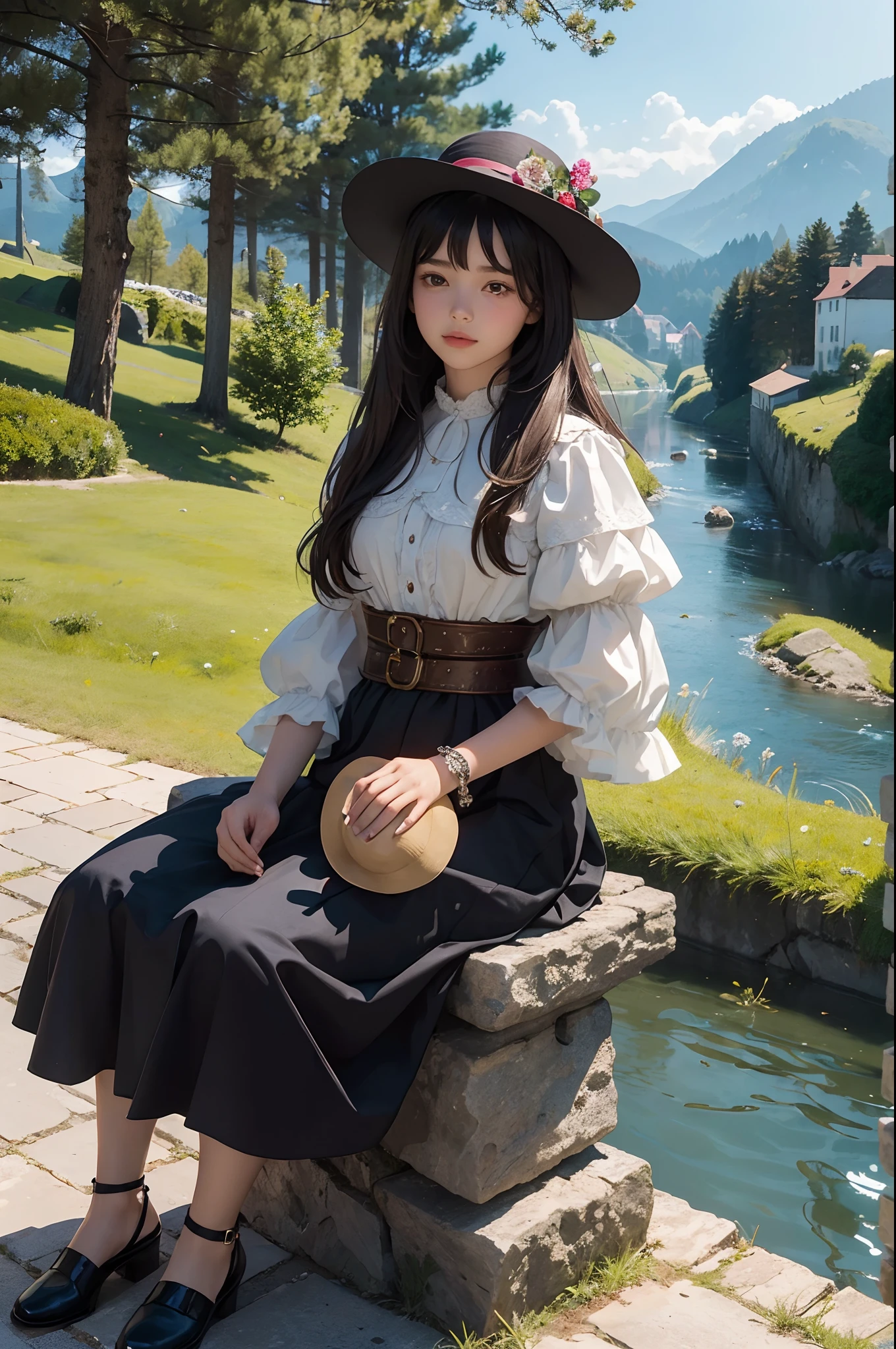 (masterpiece), ((best quality)), extremely delicate and beautiful, vibrant colors, girl of about , in a small and picturesque medieval town, the girl is sitting on a very small hill, with a hill in the background, near him is a small river that falls to another hill, In the girl's right hand he carries a very pretty doll. The girl has a mushroom-shaped hat, The girl stares at the landscape