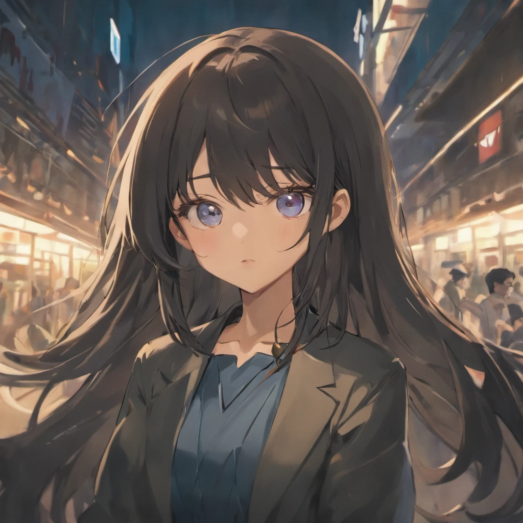 Girl with black hair, Loose long hair. The right eye is blue,The left eye is black. wearing a strict business suit, Toyo is a car repair shop。4K,k hd。