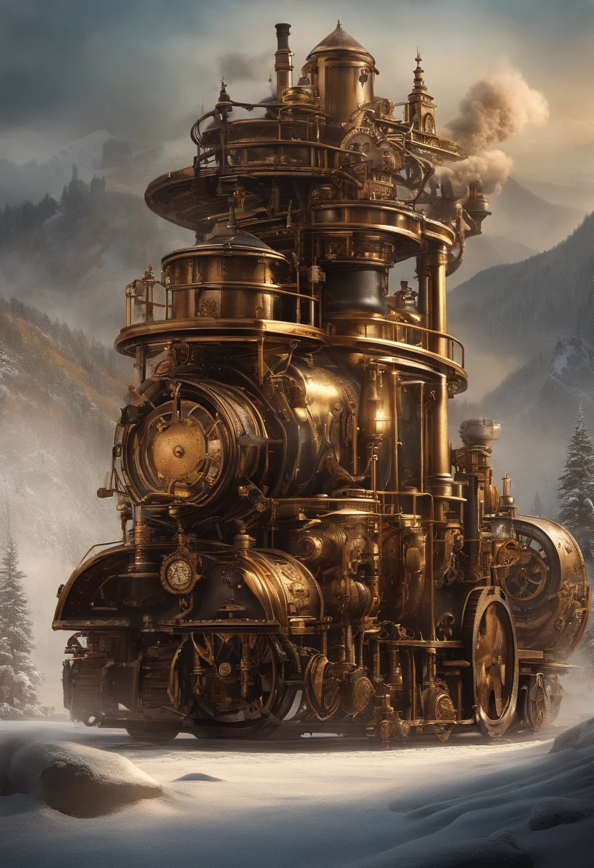 dieselpunk look, Fantastic scenery on snowy mountains、snowy peak。 (Atmospheric volumetric fog:1.1), (Masterpiece:1.4) (illustratio:1.2) (Best quality:1.4) (8K) (hdr) (Wallpapers) (Cinematic lighting) (sharp-focus) (Intricate)