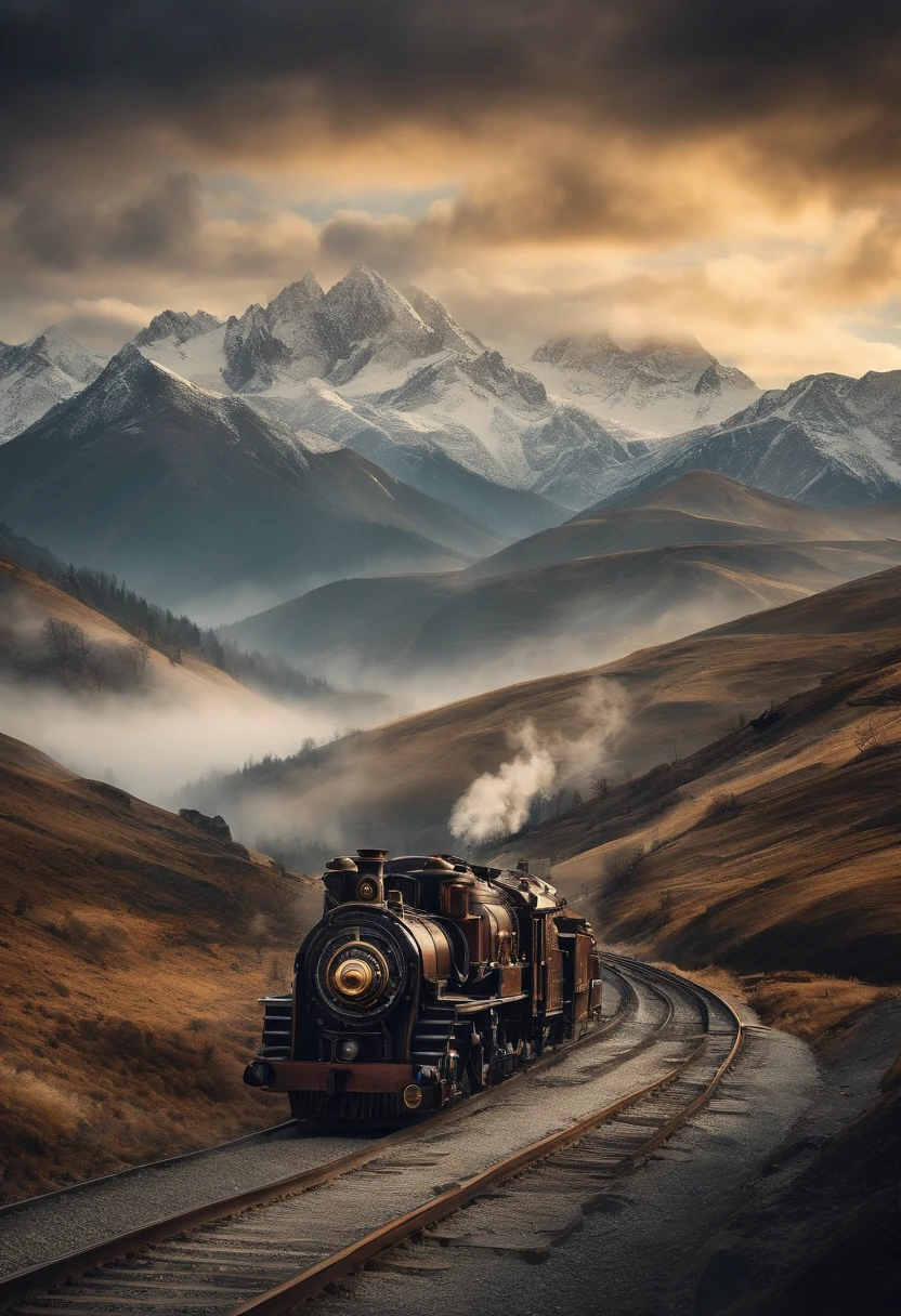 dieselpunk look, Fantastic scenery on snowy mountains、snowy peak。 (Atmospheric volumetric fog:1.1), (Masterpiece:1.4) (illustratio:1.2) (Best quality:1.4) (8K) (hdr) (Wallpapers) (Cinematic lighting) (sharp-focus) (Intricate)