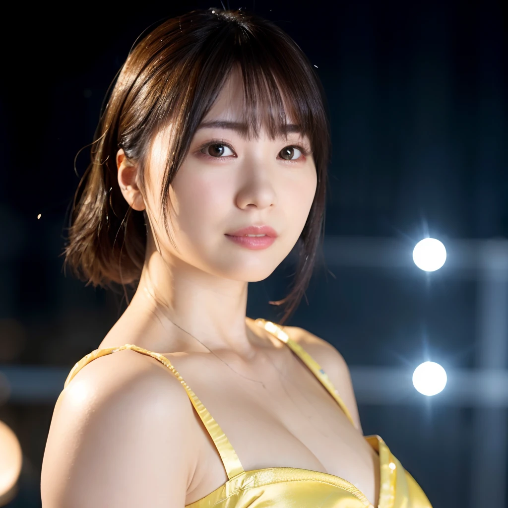 Top Quality, Photorealistic, 8k, High Definition, Girl 1 Person, Mei Nagano, (Skin Dent), (Big Breasts), (Professional Lighting, Bokeh), (Street), (People, Crowd: 0.6), Market, (Night: 1.2), Black Hair, (Blouse: 1.5), (Portrait: 0.6), Gorgeous, Bloom, (Floating Hair), (Light particles, Lens flare, Luminous particles: 0.6), ( Dynamic Pose: 1.2), soft lighting,