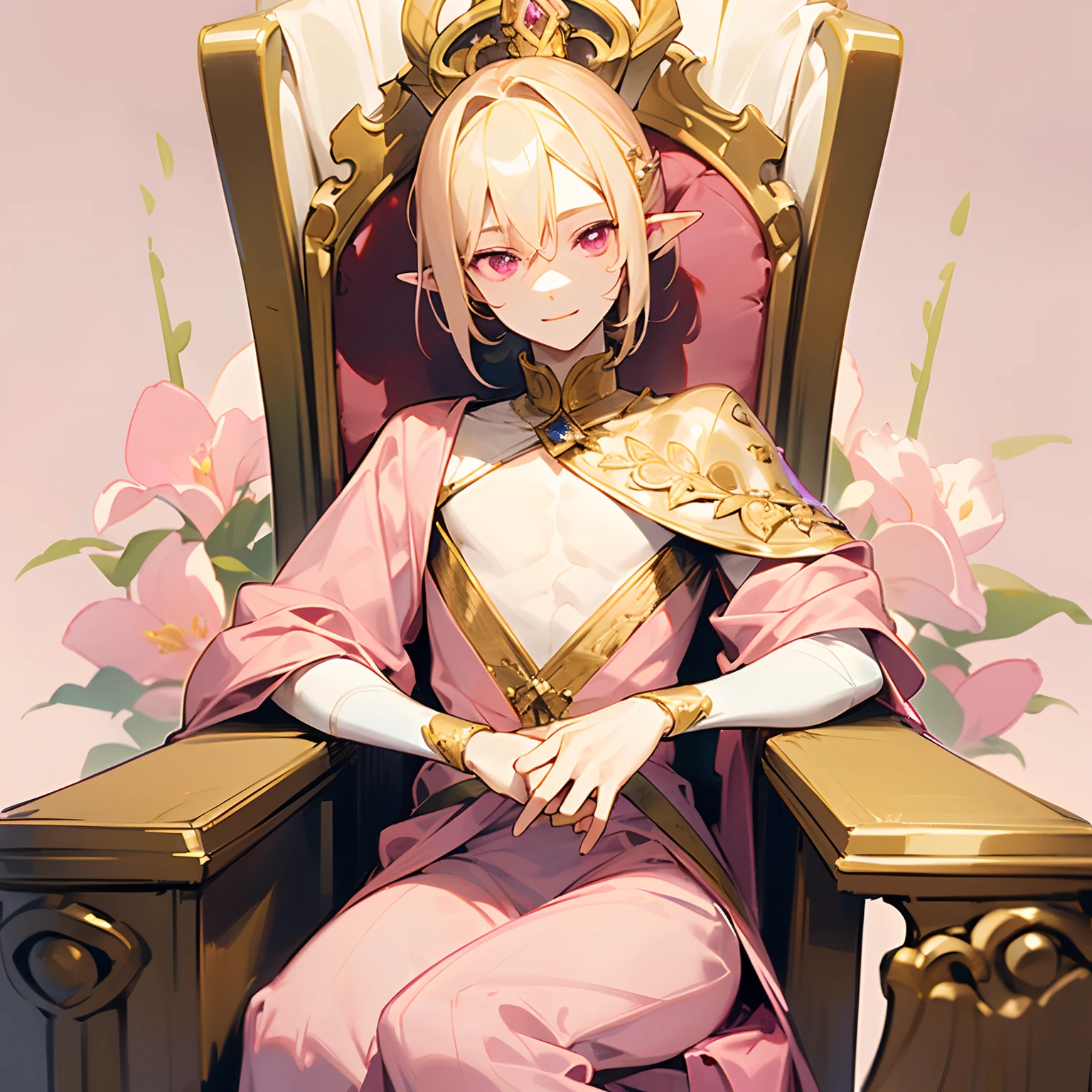 young man, twink, (((male))), (((man))), (((one person))), single, solo, (((very light blonde hair))), (((pink colored eyes))), (medium short hair), (chin-length hair), wavy hair, slim body, ((flat chest)), (((fantasy style))), (((wearing flowers in his hair))), flowercrown, ((pointy ears)), (((light pink colored eyes))), smooth skin, (((wearing fantasy clothes))), smiling, (((sitting on top of a huge cake)))