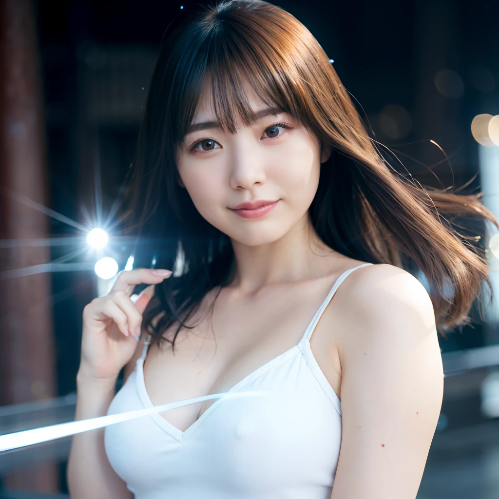 Top Quality, Photorealistic, 8k, High Definition, Girl 1 Person, Mei Nagano, (Skin Dent), (Big Breasts), (Professional Lighting, Bokeh), (Street), (People, Crowd: 0.6), Market, (Night: 1.2), Black Hair, (Blouse: 1.5), (Portrait: 0.6), Gorgeous, Bloom, (Floating Hair), (Light particles, Lens flare, Luminous particles: 0.6), ( Dynamic Pose: 1.2), soft lighting,