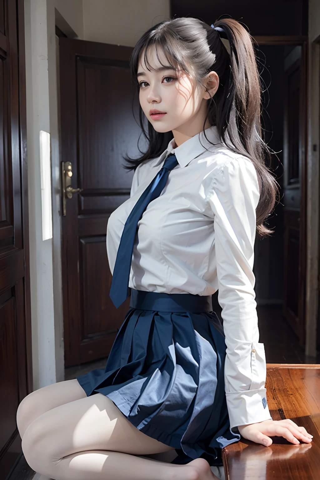 Ultra photo realsisim, 8K, CG,s the perfect face,flawless perfection,Ren,tmasterpiece,professionalartwork,famousartwork,s the perfect face,beauitful face,beautidful eyes,pony tails,((Perfect female body)),独奏,(immersiveatmosphere,lightand shade contrast:1.5,Bright light:1.2,lumnious),(Blushlush:0.5),Enchanting expression,Ultimate detail_The eye,thick thight,huge tit,Exquisite background,depth of fields,photorealestic:1.3,Faraway view,1girll,The shirt,pleatedskirt,school uniform,Sit Pose,((((full bodyesbian)))),(ambient lights:1.3),(cinematic compositions:1.3),(neonlight:0.1),(hdr:0.1),emphasis lighting,White panty hose,(((clear clothing))