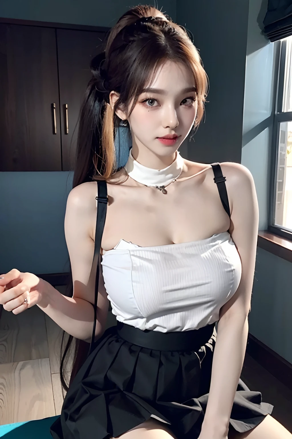 Ultra photo realsisim, 8K, CG,s the perfect face,flawless perfection,Ren,tmasterpiece,professionalartwork,famousartwork,s the perfect face,beauitful face,beautidful eyes,pony tails,((Perfect female body)),独奏,(immersiveatmosphere,lightand shade contrast:1.5,Bright light:1.2,lumnious),(Blushlush:0.5),Enchanting expression,Ultimate detail_The eye,thick thight,huge tit,Exquisite background,depth of fields,photorealestic:1.3,Faraway view,1girll,The shirt,pleatedskirt,school uniform,Sit Pose,((((full bodyesbian)))),(ambient lights:1.3),(cinematic compositions:1.3),(neonlight:0.1),(hdr:0.1),emphasis lighting,White panty hose,(((clear clothing)),Visible,The cleavage protrudes,(8K,top-quality,tmasterpiece:1.2),(hentail realism,Photorealsitic:1.37),ultra - detailed,1girll,Cute big breasts,Beautiful detailed sky,Detailed Cafe,natta,(Nasal blush),(A smile:1.15),(a closed mouth),Fine and beautiful eyes,(aprons:1.1),natta,Wet,long whitr hair,White lace,(short-hair:1.5),toppless、full body Esbian,a 20 yo woman,A brown-haired,with brown eye,Small head,((d杯)),fashionable girl,beautidful eyes,real looking skin,lifelike face,real looking skin,A detailed eye,Doing yoga,(double-ponytail:1.3),dynamicposes,Detailed face and breasts,see through shirt,The tips of the chest protrude,areola is protruding,The shape of the pubic region is clearly visible,a lot of lashes,Pure black eyeshadow,Solid black sexy needle heels,pubick hair,The lower abdomen bristles,Crotch open,the breasts are large,It's about to spill out of the bra,Very much pubic hair,pubic hair is very protruding,petite and delicate figure,d杯,Protruding ,